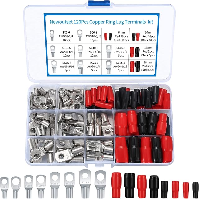 120 Pcs Bolt Hole Tinned Copper Terminals Set, Ring Cable Wire Lugs Terminals Connectors, Battery SC Terminal Set, Marine Grade Cold-Pressed Crimp Type