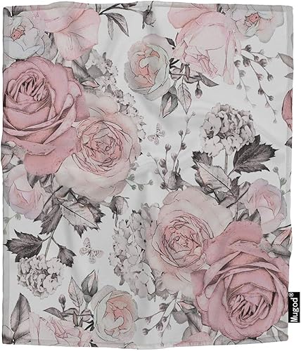 Mugod Manta de flores rosadas, retro, diseño floral, hojas de rama, color pastel, gris, suave, acogedora, mullida, cálida, manta decorativa para