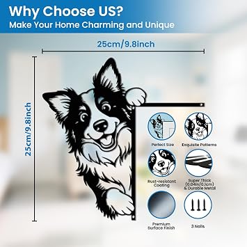 CUTHOLLOW Peeping at Border Collie Door Topper Sign Metal Wall Art Decor | 9.8x9.8 Double-Sided Metal Hanging Sign Door Frame Decor, Door Corner Accent Room Entryway & Home Housewarming Decoration