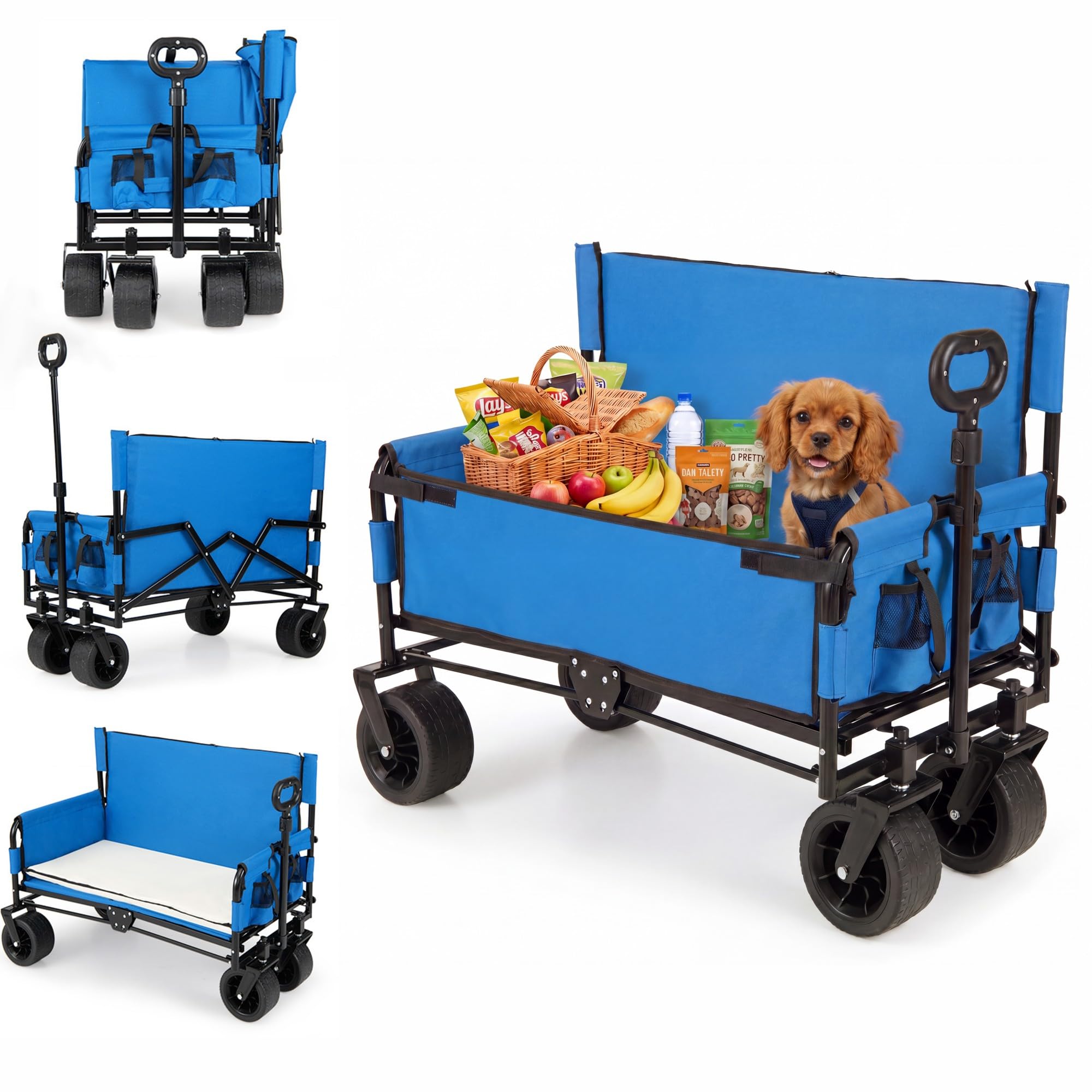 SOARS 2 in 1 Carrello Spiaggia con Seduta, Carretto Pieghevole con Ruote Grandi e Cuscini Morbidi, Carrello da Campeggio, Giardino e Pesca, in Acciao Resistente, Chiusura Rapida, 80 KG, 85L (Blu)