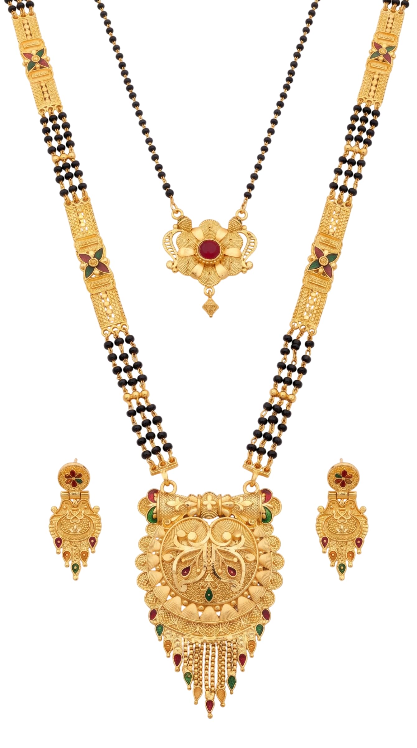 krishna jewels Gold Plated Mangalsutra Necklace Set for Women with Earrings | Double Black Beads Long Chain with Temple Pendant | Bridal & Festive Ethnic Jewellery Set-picture-13