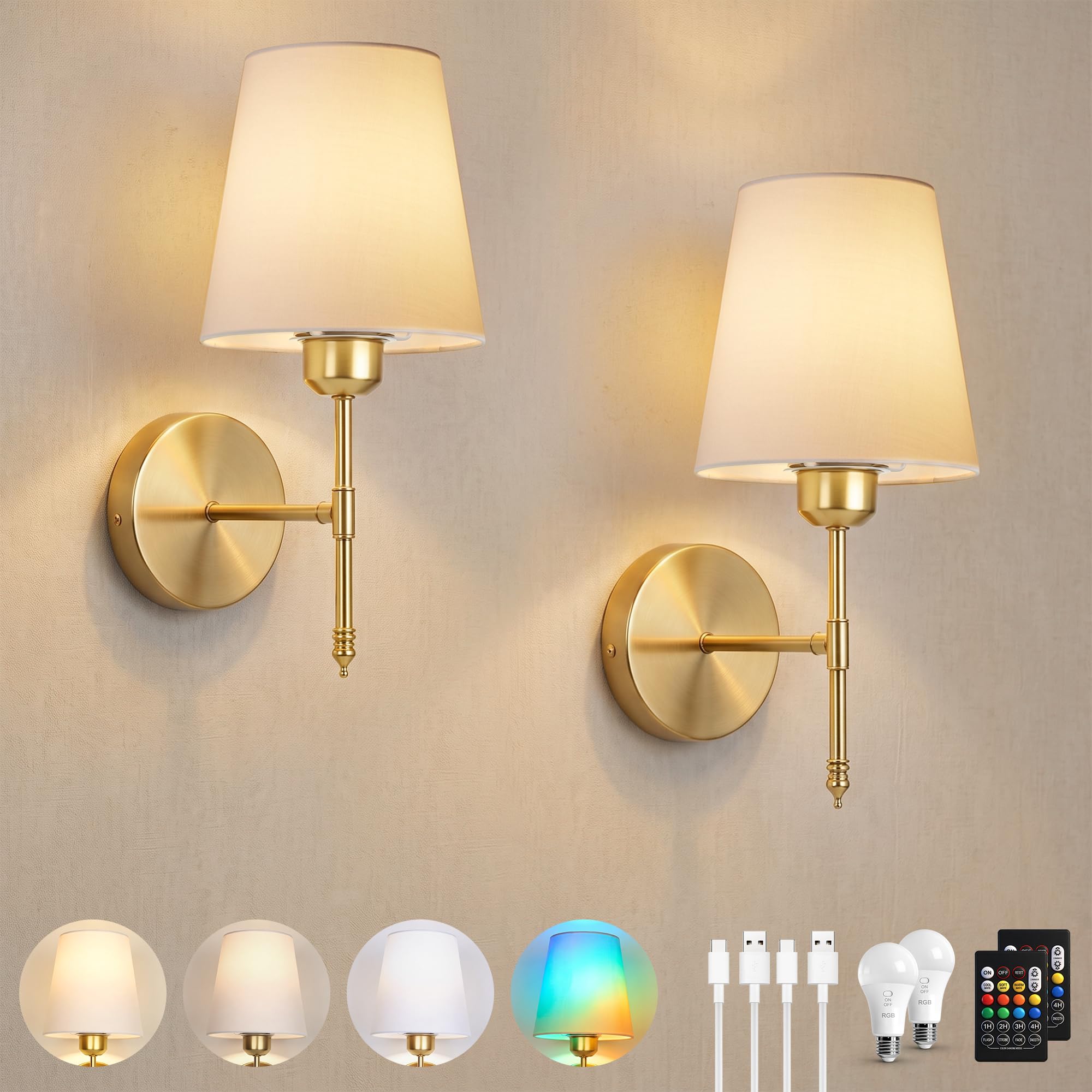 Oro Apliques Pared Interior Sin Cable Regulable y 8RGB, Set 2