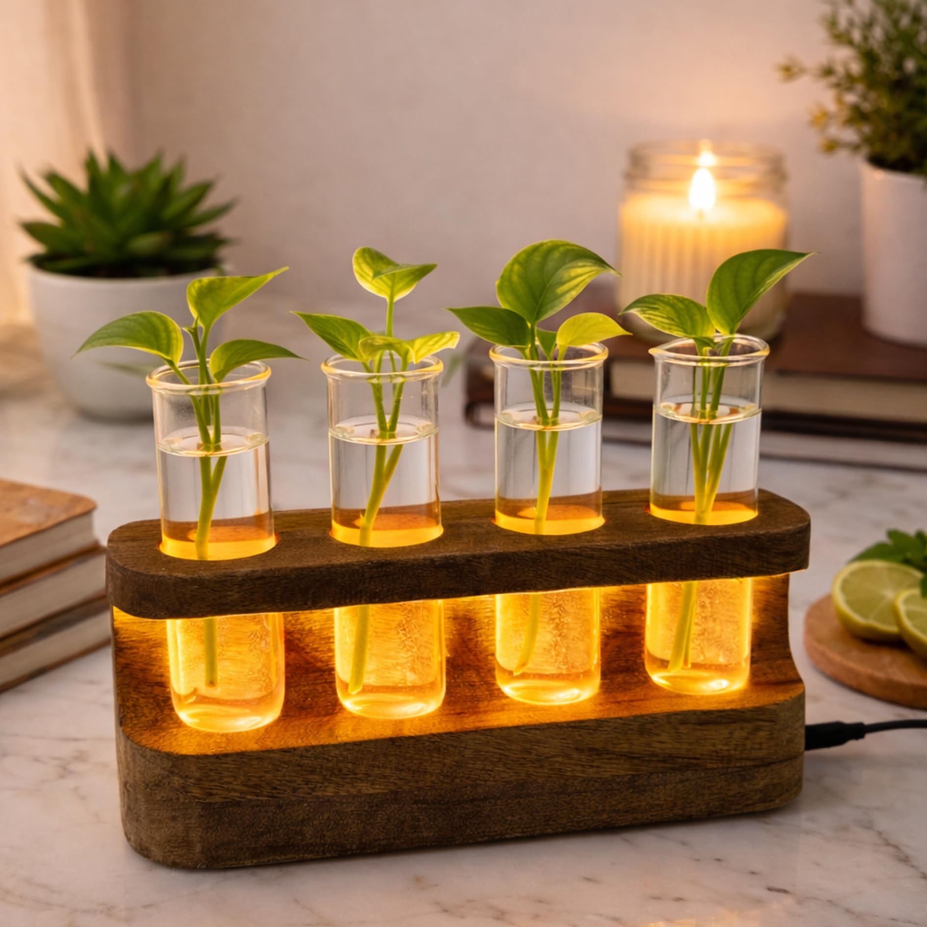 THE UNIQUE DESIGNS LED Test Tube Plant Propagation Station with Wooden Stand | Hydroponic Money Plant Holder with 4 Glass Test Tubes | Tabletop Indoor Planter Decor with Adapter | 23 x 7 x 16 cm
