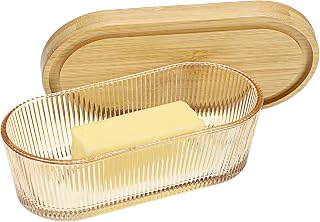 Glass Butter Dish with Lid for Countertop & Firdge, Airtight Bamboo Butter Holder for Home Kitchen Storage, Double-use Premium Glass Storage Container for East Coast Butter (Amber)