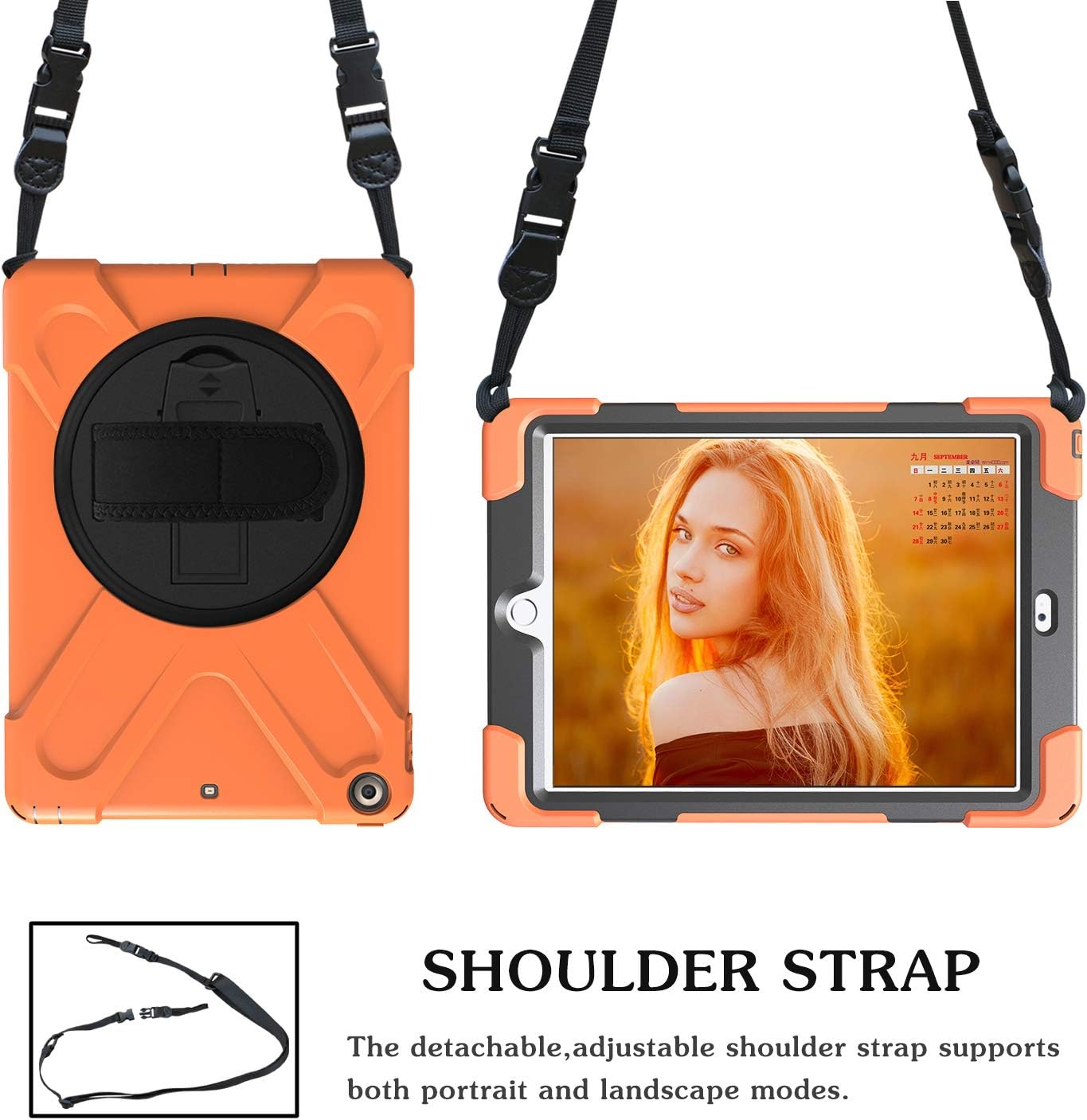 iPad Pro 10.5 Case Cover for Kids, Heavy Duty [Corner Protection] Defender Shockproof Car Case with 360 Degree Rotation Stand, Handle Hand Strap Grip& Neck Shoulder Strap (Orange)