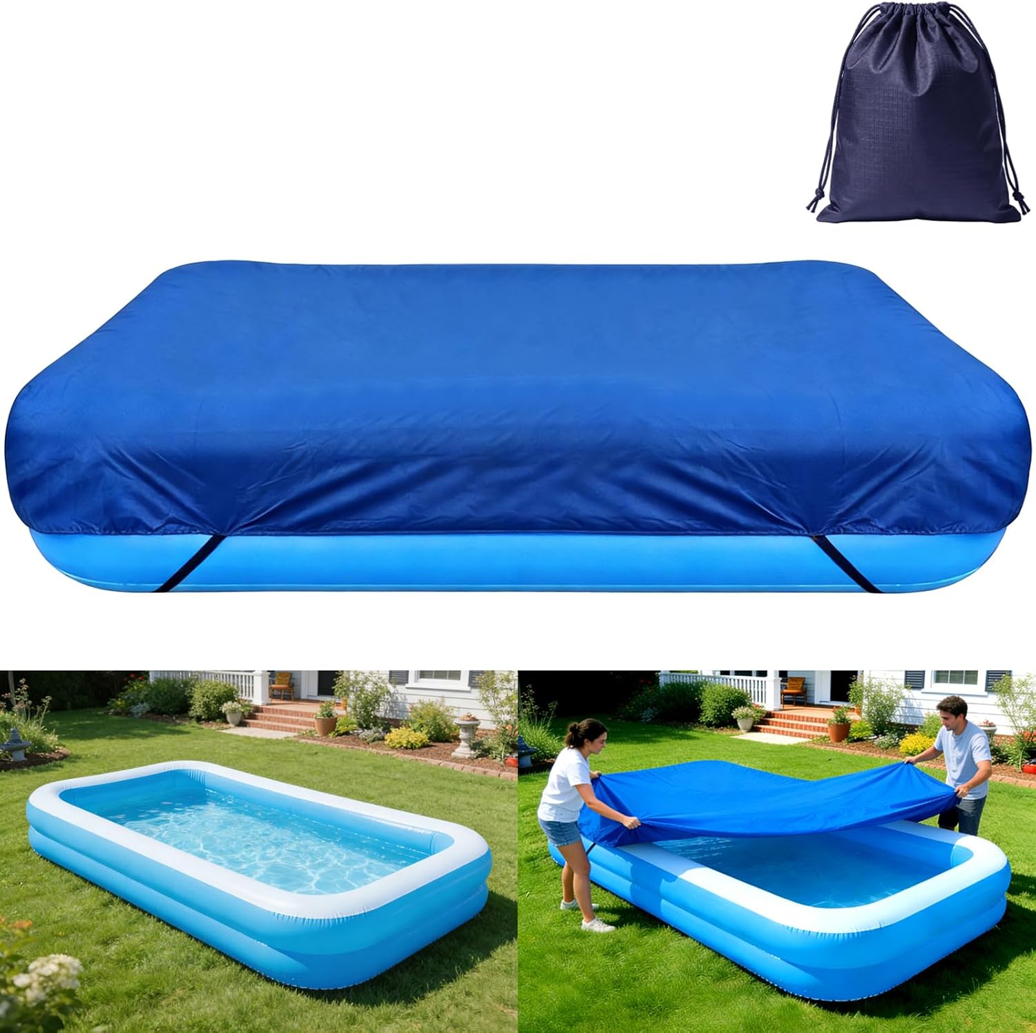 120 x 72 inch Inflatable Rectangular Pool Cover 10 x 6 ft Inflatable Rectangle Kid Pool Covers Garden Outdoor Above Ground Swimming Pool Shades Backyard Adult Pool Accessories