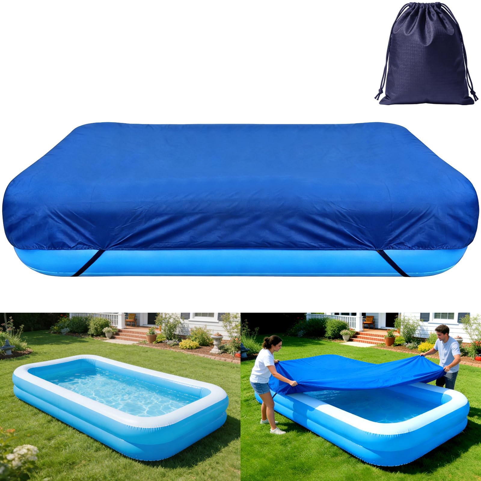 View 1 of 150 x 74 inch Inflatable Rectangular Pool Cover 12.5 x 6.17 ft Inflatable Rectangle Kid Pool Covers Garden Outdoor Above Ground Swimming Pool Shades Backyard Adult Pool Accessories