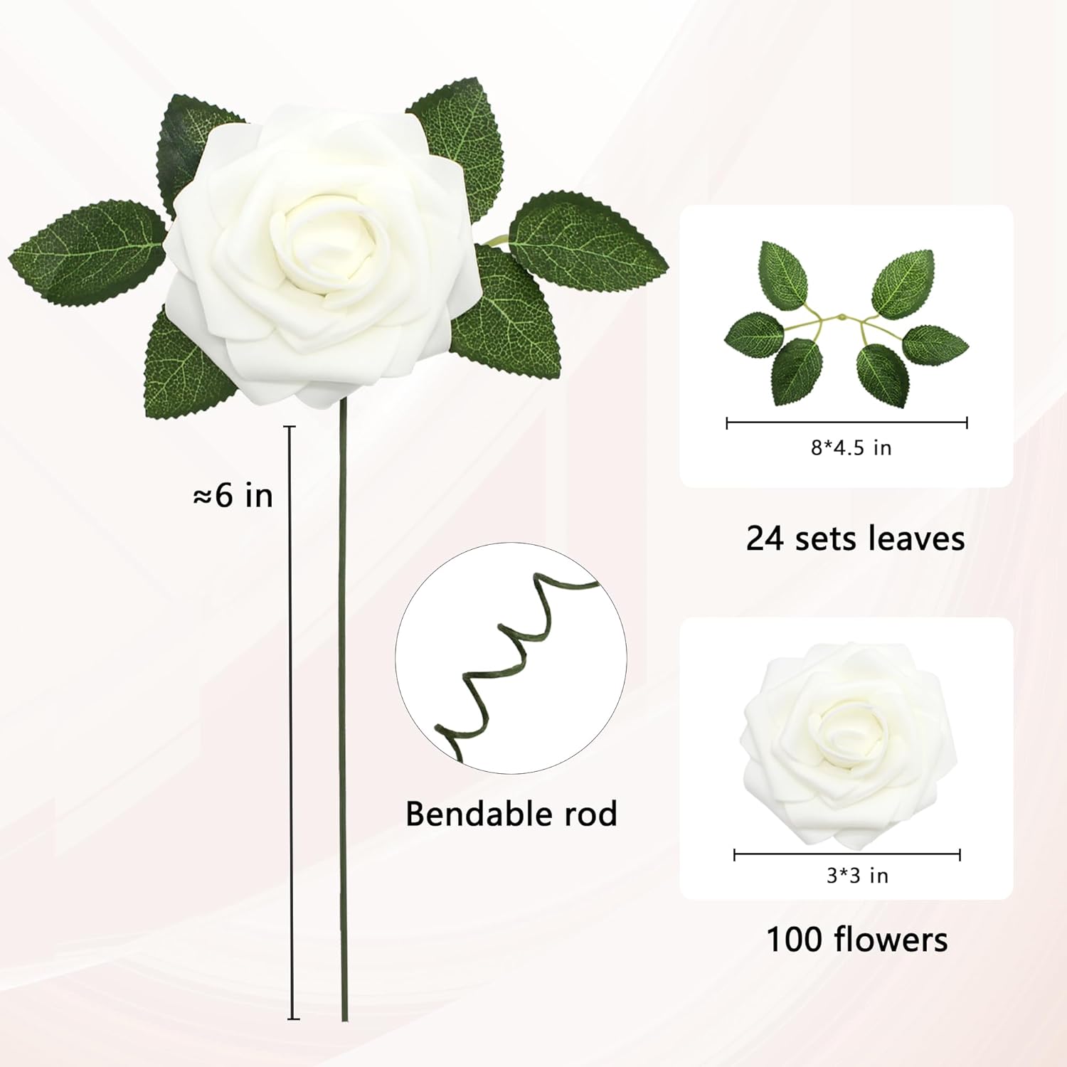 JOYLEX Artificial Flowers Realistic Roses, 100 pcs Real Looking Fake Roses with Stem for DIY Wedding Bouquets Centerpieces Bridal Shower Party Home Romantic Decorations (White)