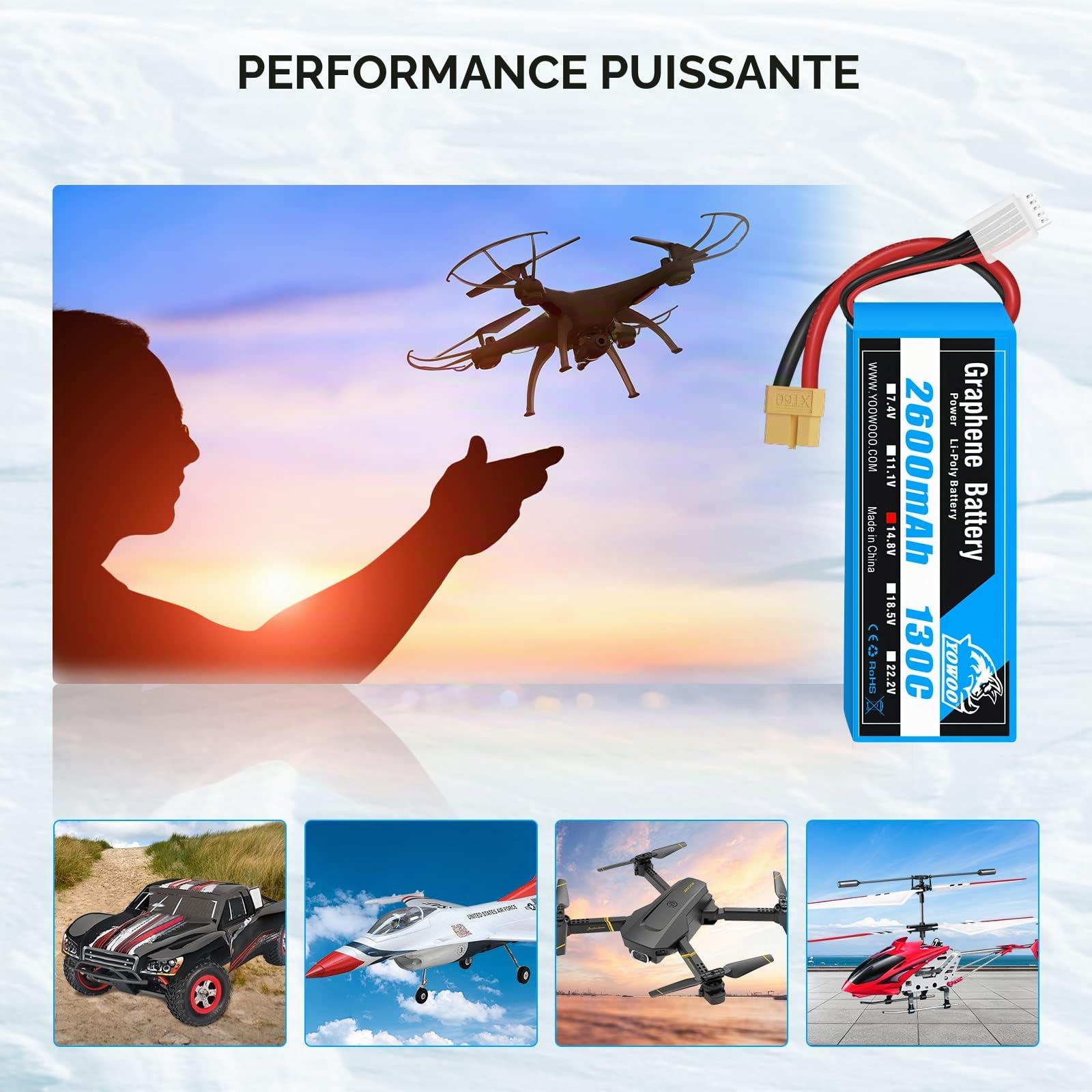 Yowoo 2PCS 4S Lipo Batterie 14.8V 2600mAh 130C Graphène Batterie avec XT60 Plug pour RC Evader BX Voiture Camion Truggy RC Avion Hélicoptère Quadcopter UAV Drone FPV Racing Véhicule Bateau