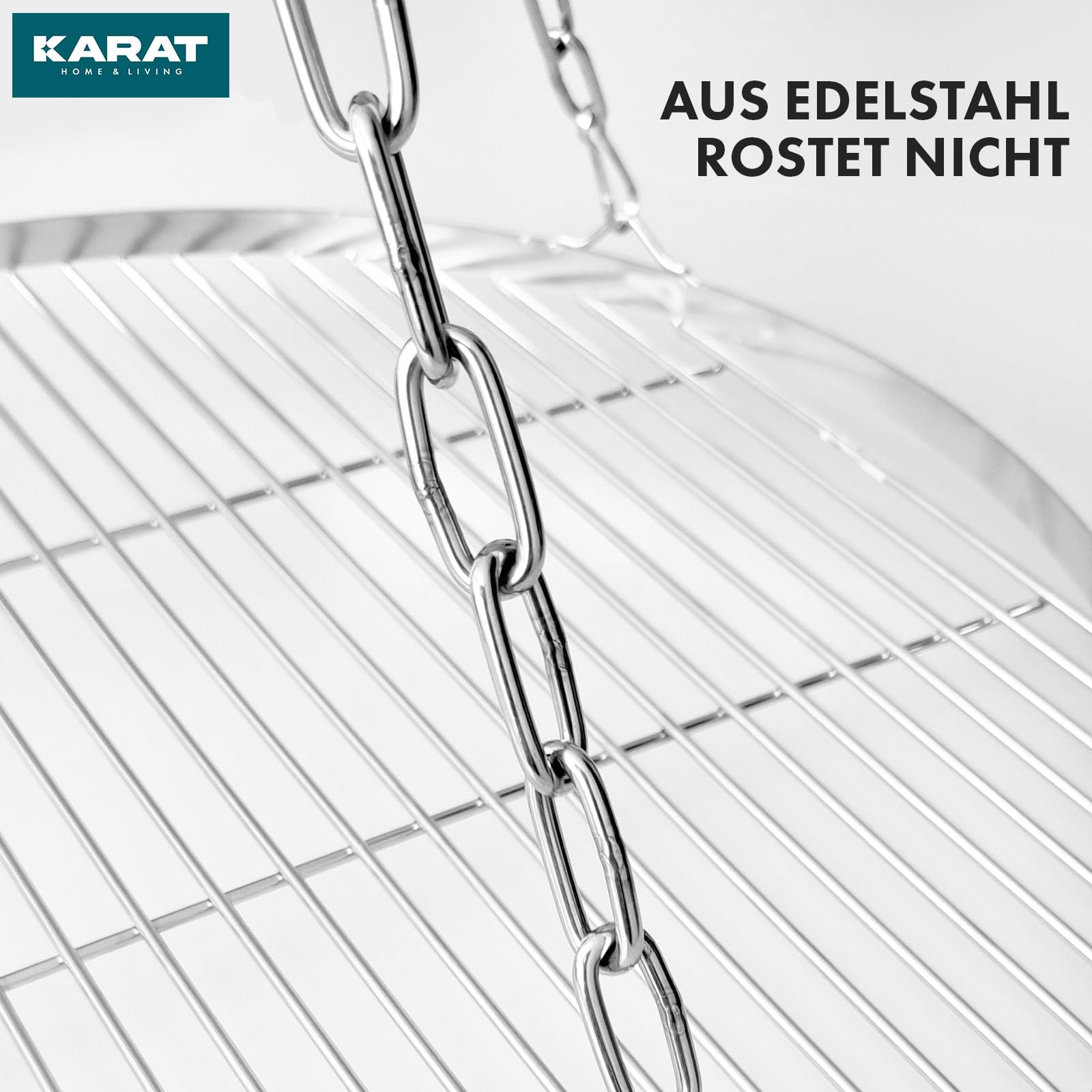 KARAT Grillrost Ø 60 cm mit Kette für Schwenkgrill, Dreibein Grill Rost, BBQ, rostfrei für Holzkohlegrill, 14mm Stababstand