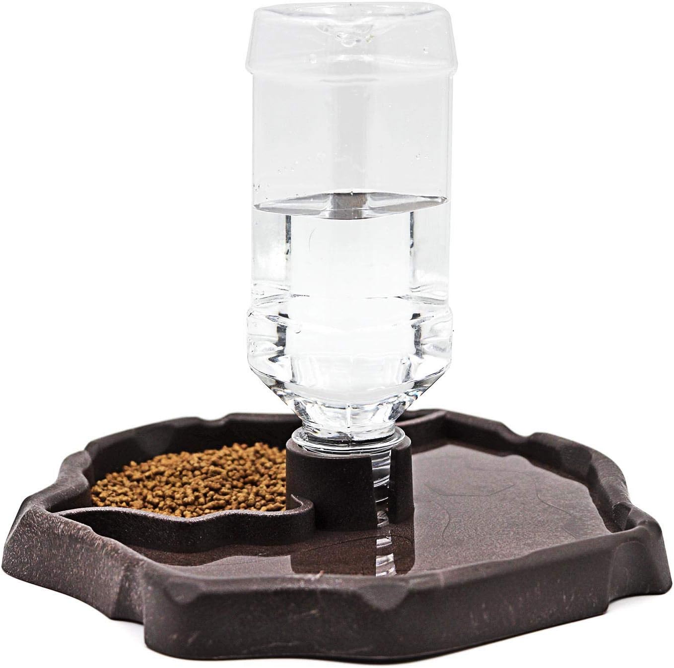 Automatic Reptile Feeder Reptile Food and Water Dish Bowl Bottle Tortoise Turtle Water Dispenser for Bearded Dragon Gecko Lizard (Brown)
