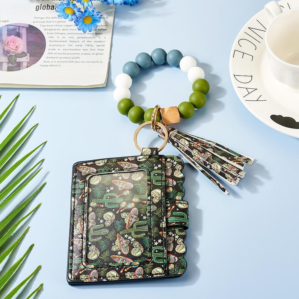 FASHEWELRY Silicone Key Ring Bracelet Keychain Dark Green Wallet Beaded Keychain Wristlet With Pu Leather Card Wallet Key Ring Card Holder Tassel Cute Keychains for Women - Image 3