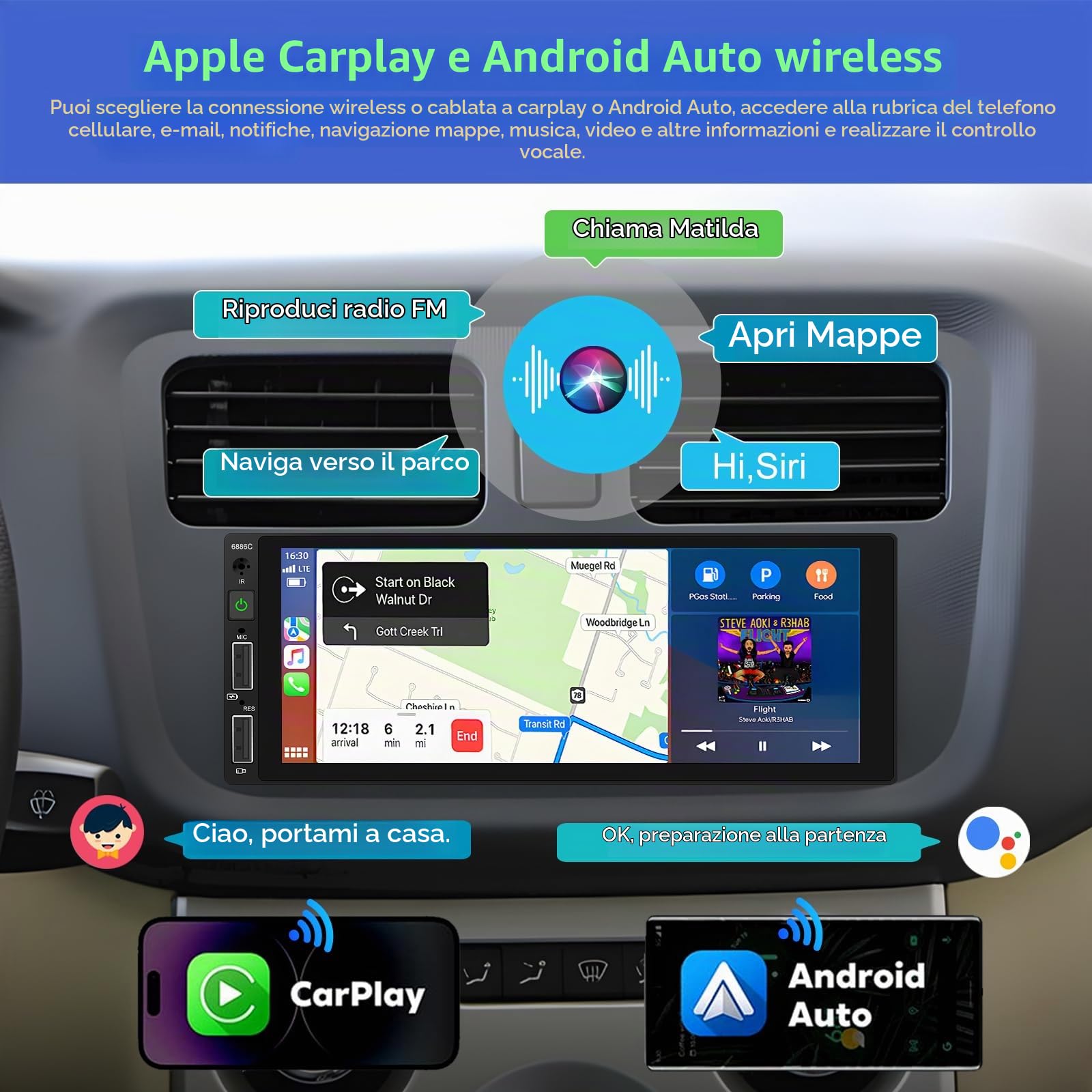 Podofo Autoradio 1 Din con Carplay Bluetooth Android Auto, Auto Radio con 6,86 Pollici Schermo Supporta Connessione Specchio FM, Telecamera Posteriore e Microfono