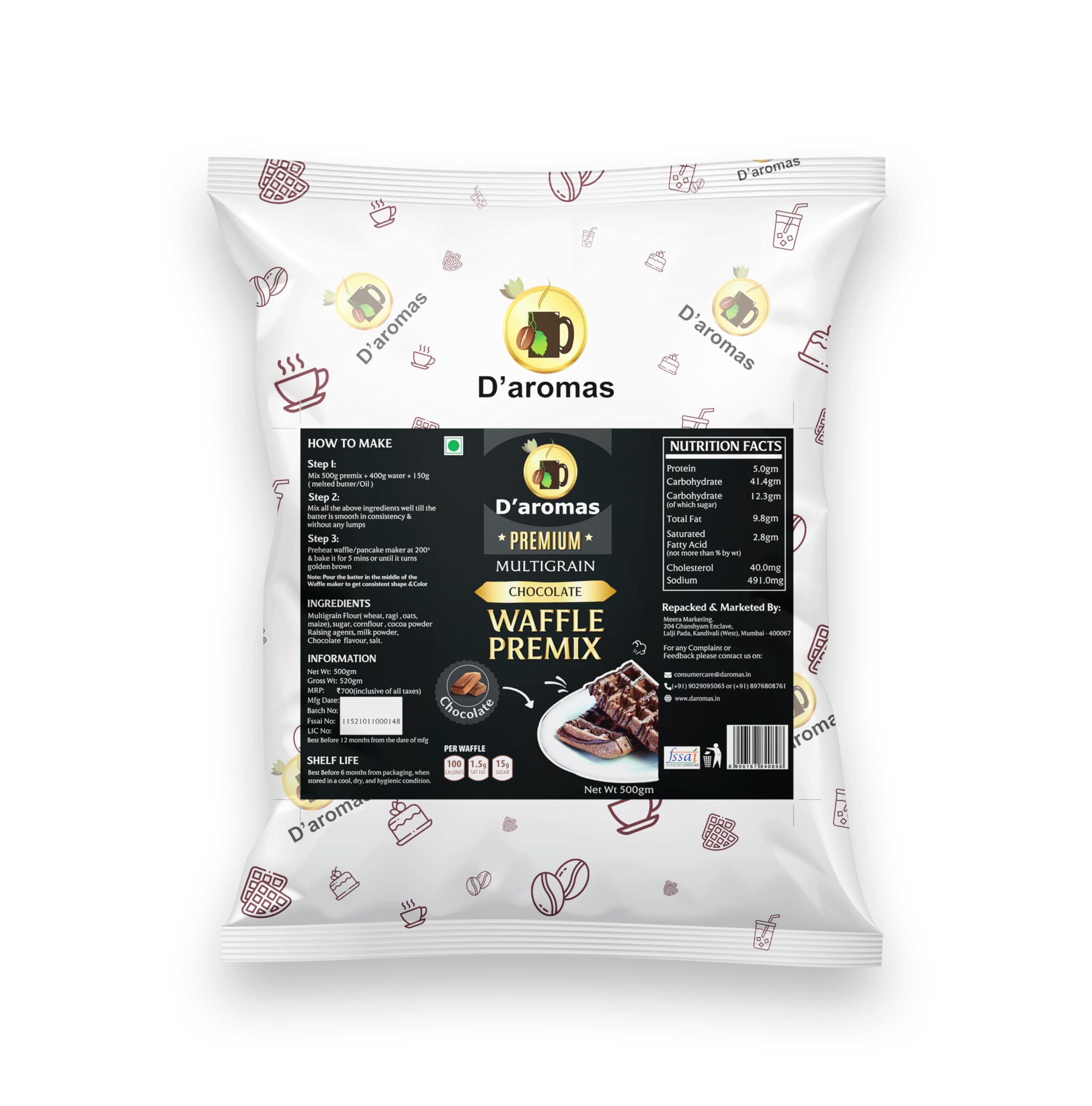 Daromas Premium Chocolate Multigrain Waffle Mix, (Eggless) 100% Veg, Instant Waffle Mix Premix Powder, 500gm (Pack Of 1) (B0CYX6DTWG) Amazon Price History, Amazon Price Tracker