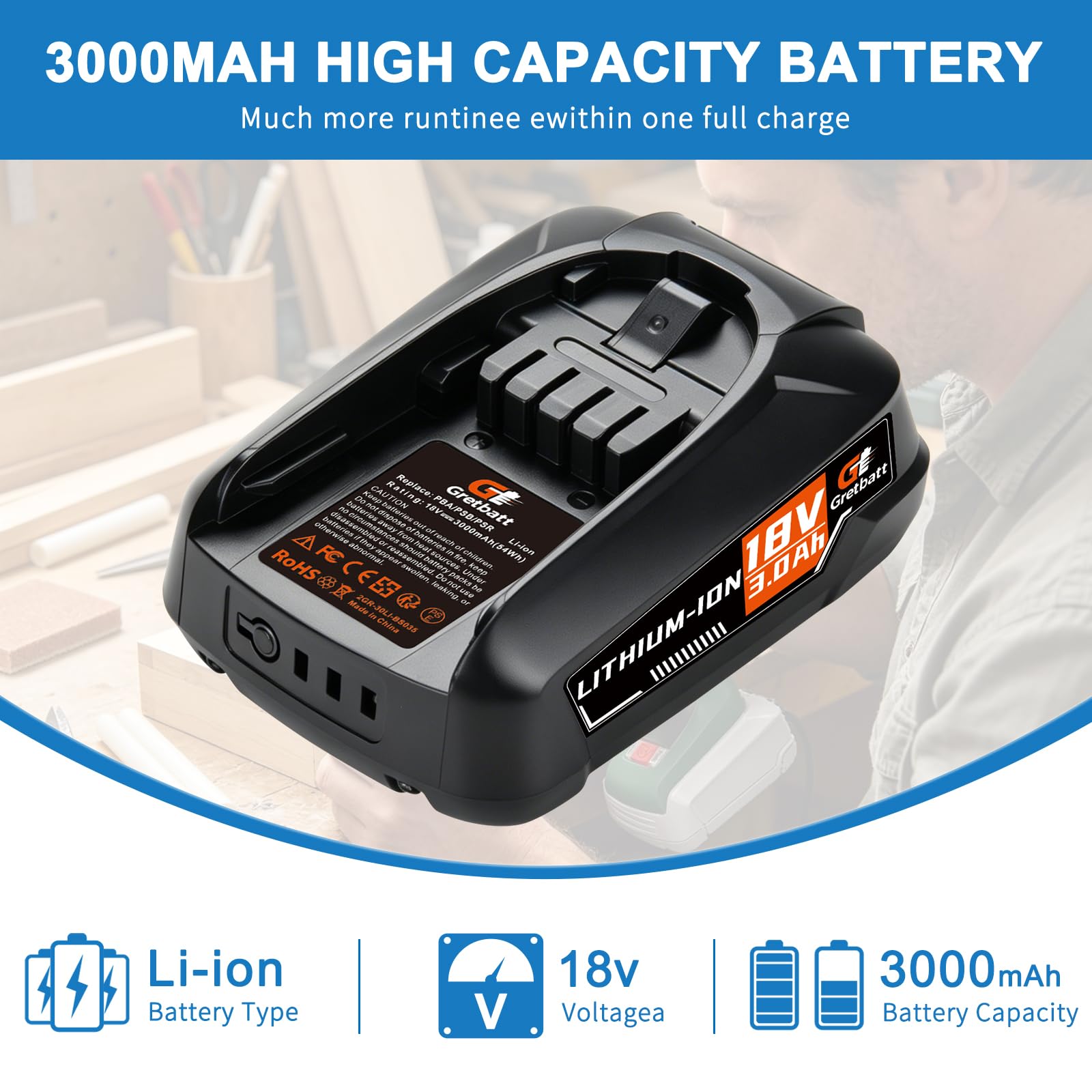 2X Baterías de Repuesto de 3000 mAh para Bosch Casa y Jardín, Herramientas de batería de 18 V para batería Gloria 18 V Bosch, Compatible con PBA, PSB, PSR (Cargador Incompatible: AL18V-44)