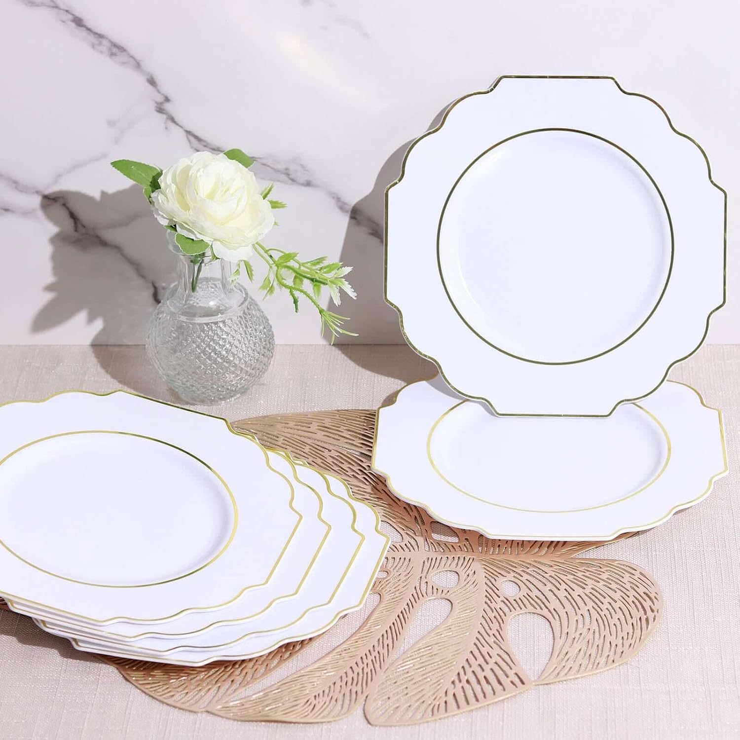 Efavormart 10 Pack 8" White Plastic Dessert Plates, Baroque Gold Rim Heavy Duty Disposable Salad Appetizer Plates for Upscale Hosting & Parties