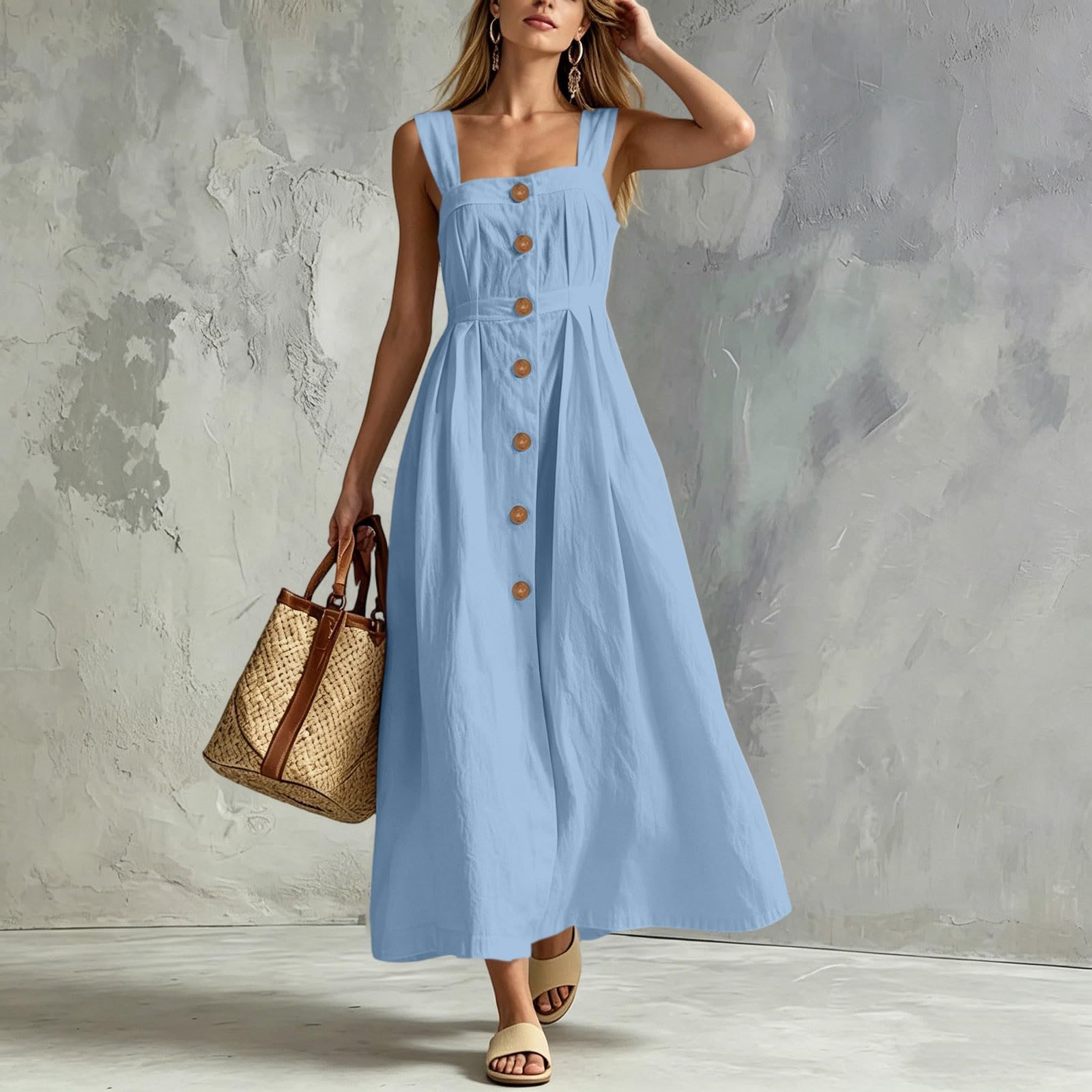Vestidos de lino para mujer, vestido largo de verano con botones frontales, acampanado, cuello cuadrado, vestido casual de verano con bolsillos