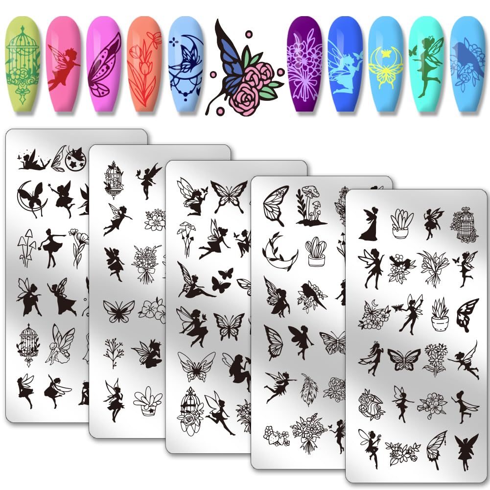 PH PandaHall 5pcs Angel Fairy Nail Art Templates, 120 Patterns Elf Butterfly Plant Nail Stamping Plate Nail Art Stencils Stainless Steel Nail Image Plates for Nail Design Print Manicure Salon