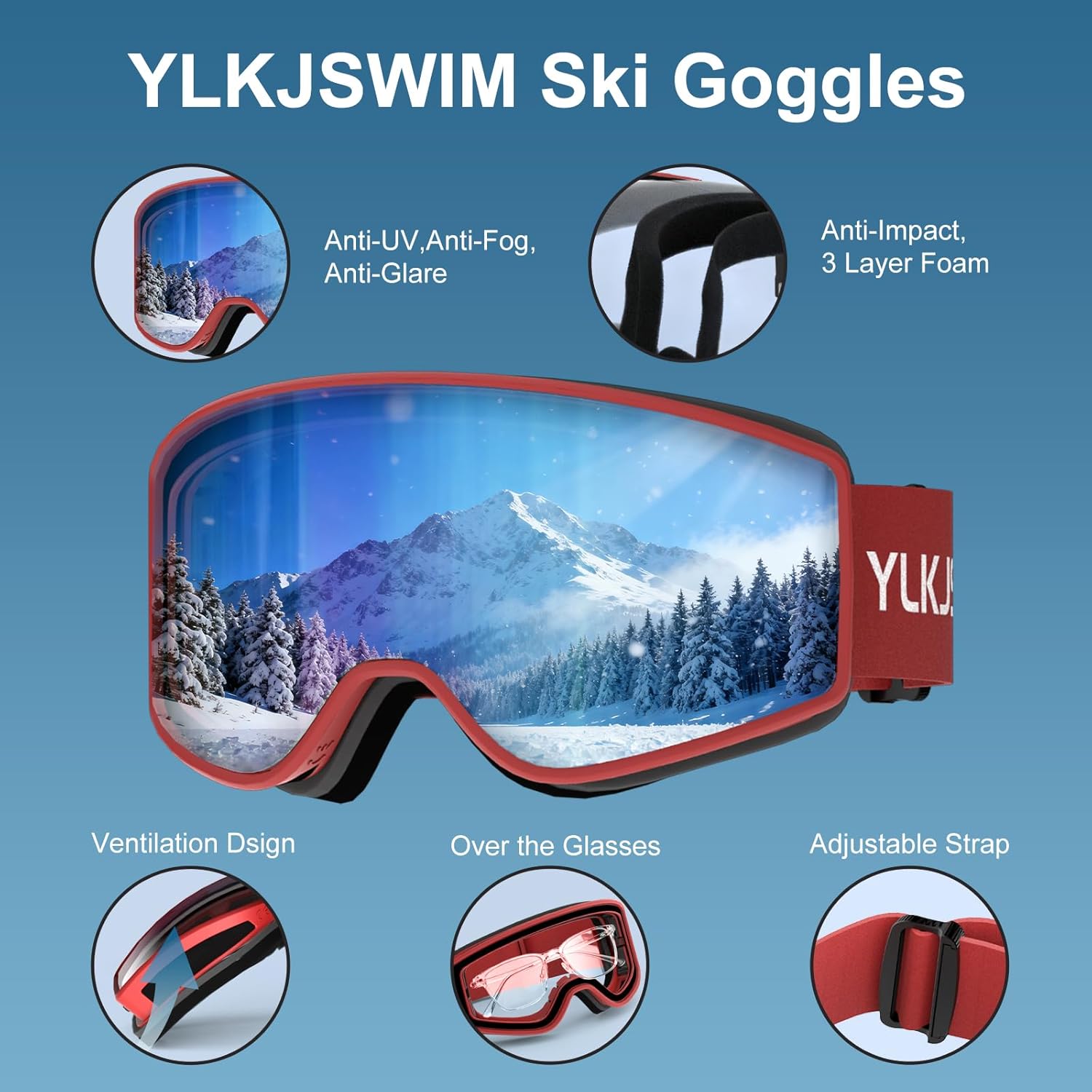 Kids Ski Goggles, OTG Snow Goggles, 100% UV Protection Snowboard Goggles for Boys & Girls, Snowmobile, Dog Sledding