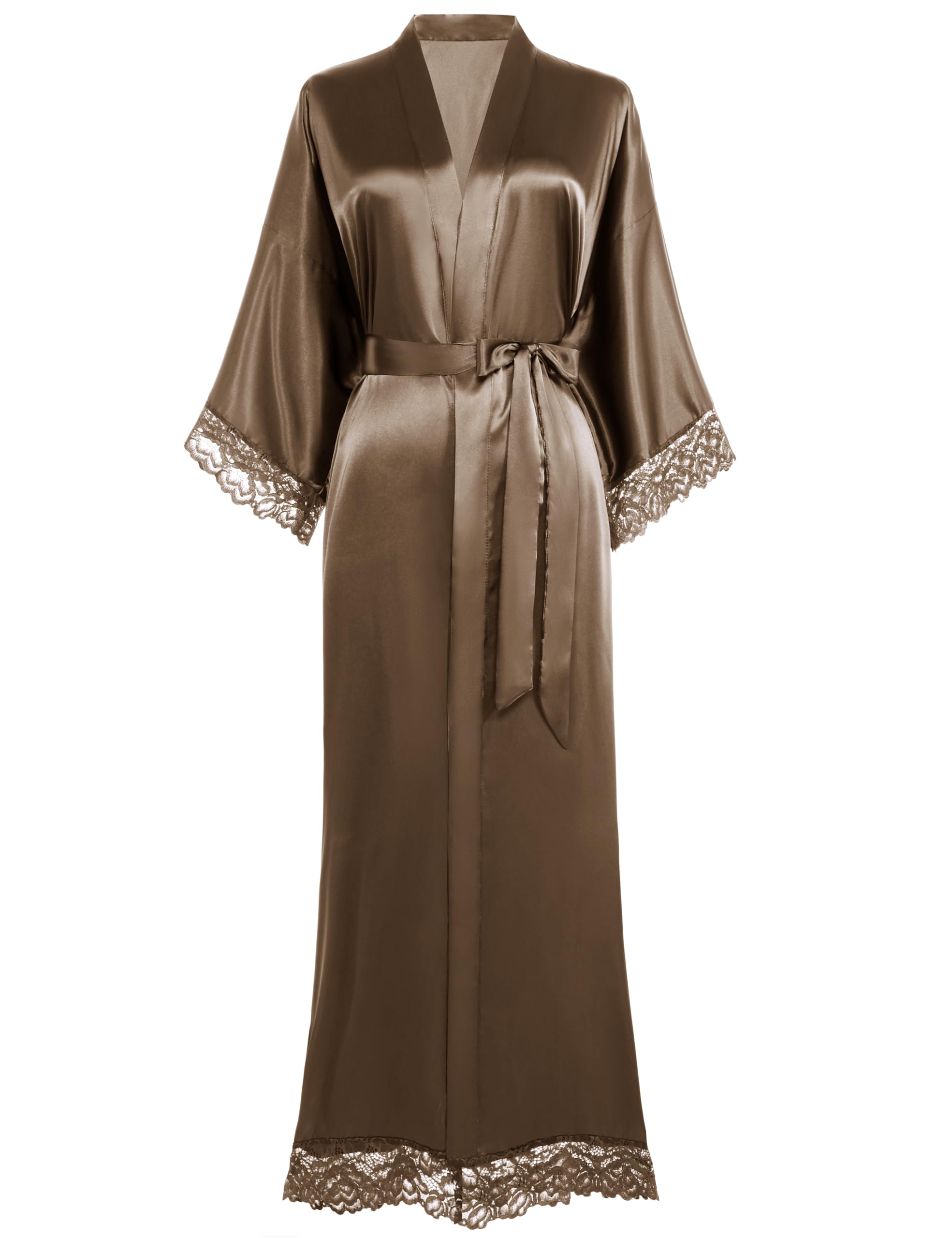 BABEYOND Vestaglia da donna lunga corta tinta unita accappatoio maniche in pizzo seta raso kimono abito da donna estivo vestaglia colore puro caffè