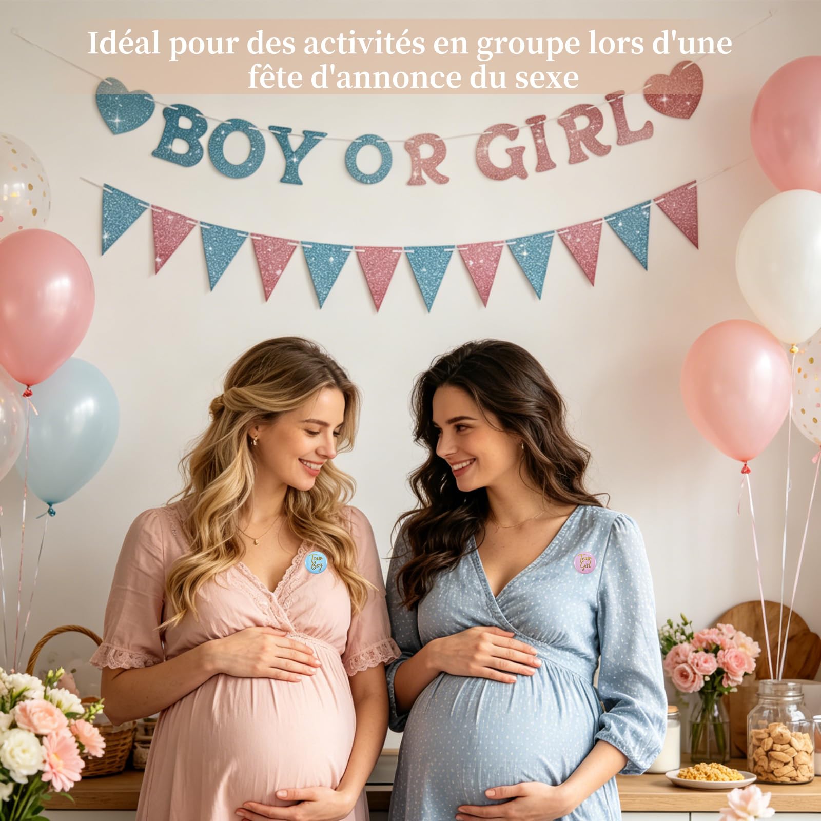 Guirlande Gender Reveal 3 m avec Fanions Cœurs 30 Badges Team Boy Girl Décor Rose Bleu Brillant Baby Shower