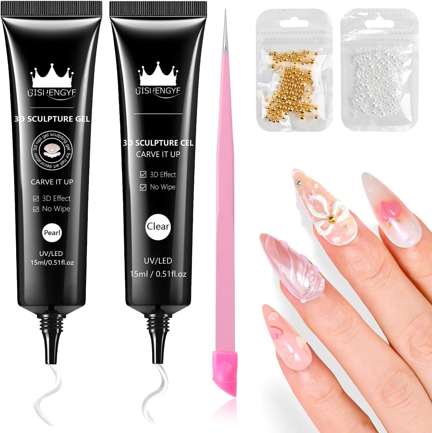 2Pcs 15g Pearl/Clear 3D Nail Gel No Wipe Craving 5D Embossed 3D Gel for Nails for Carving,Molding and Painting Nail Art Designs,Rhinestone Glue for Decoration