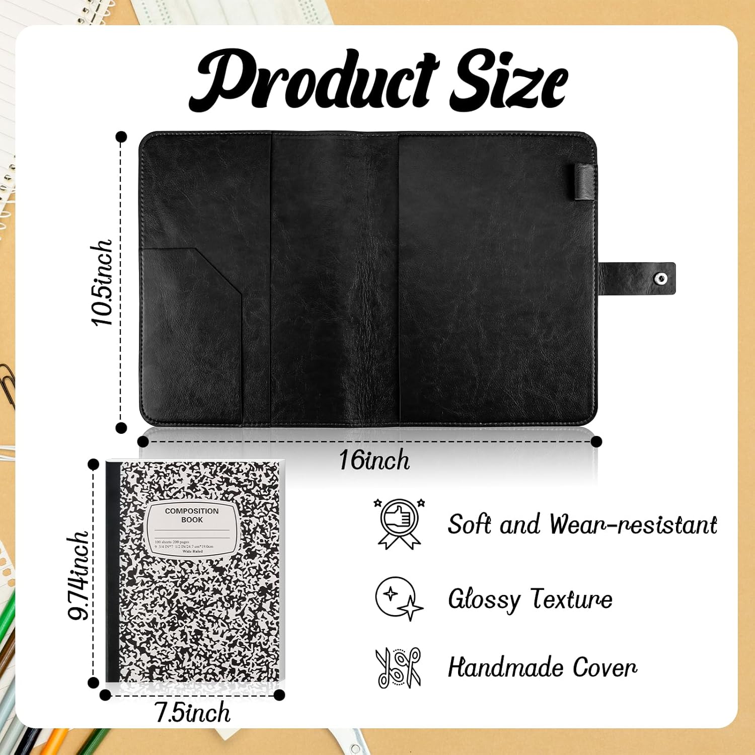 SKLENICE PU Leather Composition Notebook Cover 9 3/4 X 7 1/2 in With Composition Book 100 Sheets Vintage Rustic Distressed PU Leather Journal Notebook Cover Portfolio For School Office Home (Black)