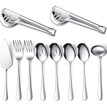 Serving Utensils Include Large Serving Spoons Slotted Serving Spoons Serving Forks Serving Tongs Soup Ladle and Pie Server Buffet Catering Serving Utensils for Dishwasher Safe (Silver,10 Pieces)