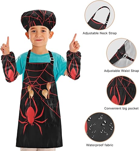Miniatura 4 de Juego de delantales, sombrero de chef y delantal de Halloween con diseño de araña roja y telaraña (3-12 años)