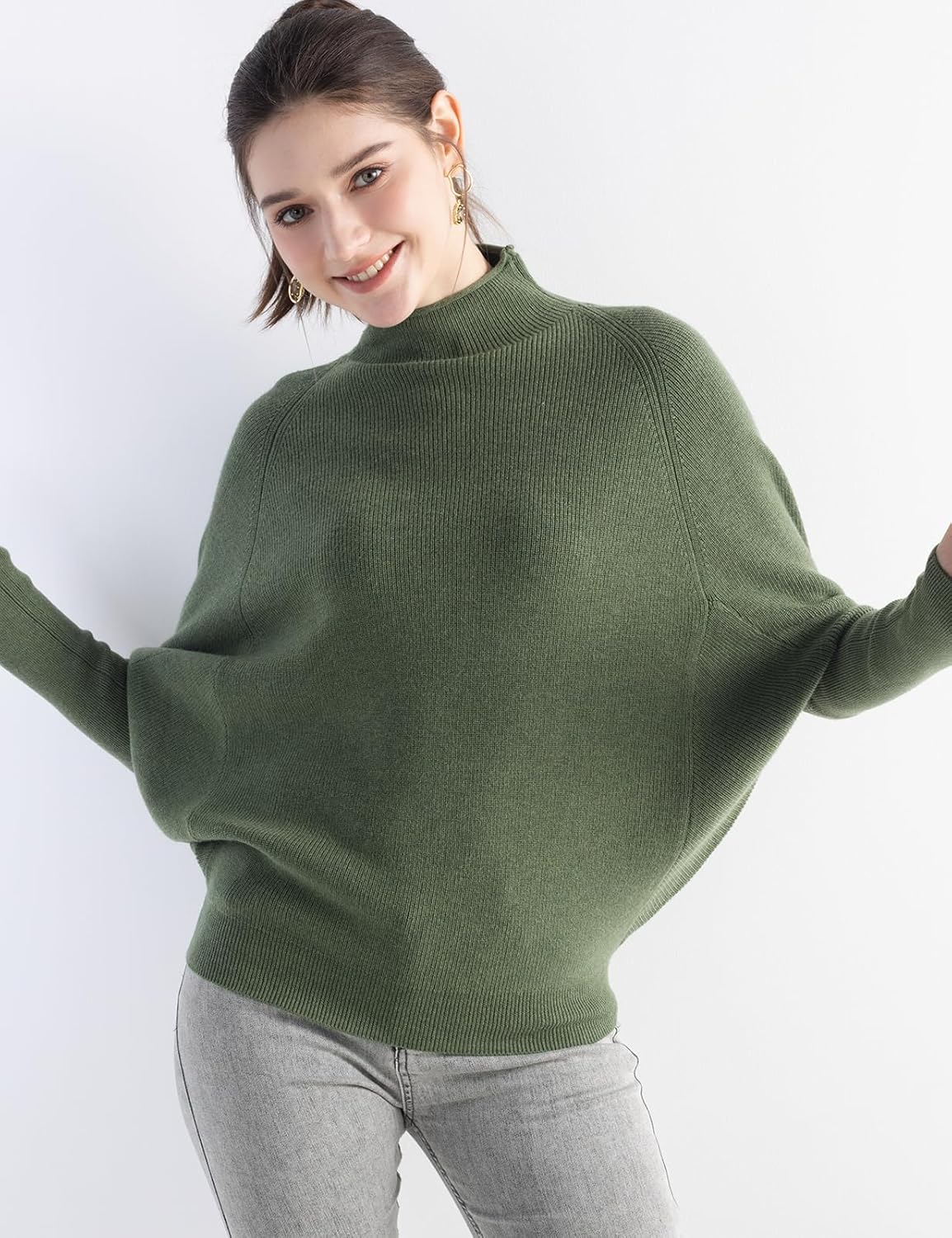 Women's Merino Wool Blend Oversized Sweater 2025 Fall Winter Fashion Mock Neck Batwing Sleeve Knitted Pullover - Image 5
