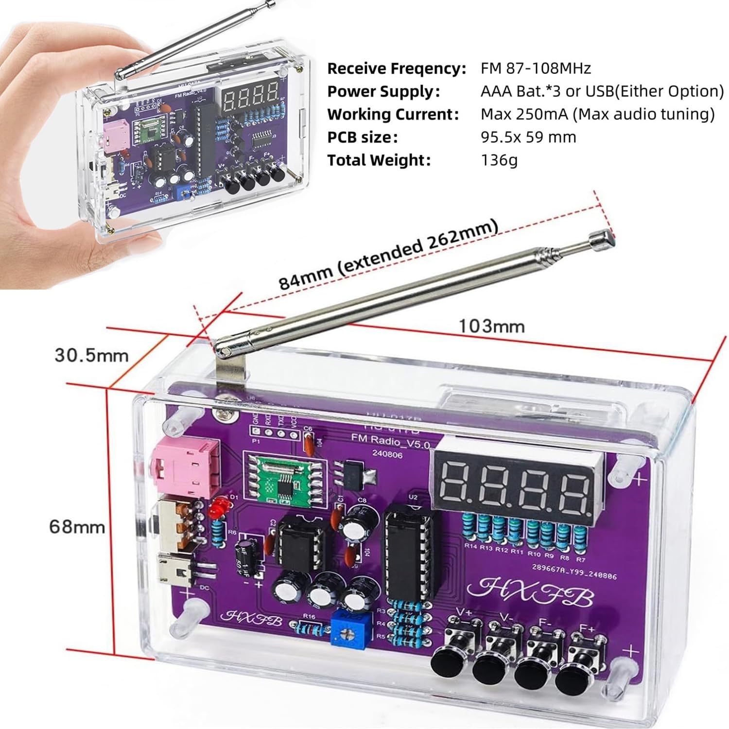 FM Radio Kit Soldering Practice Kits, DIY Electronic Project Kit FM 87-108MHz with 2 Power Modes EK1989, Soldering Learning and Teaching for Beginners, Adults, Kids — view 4