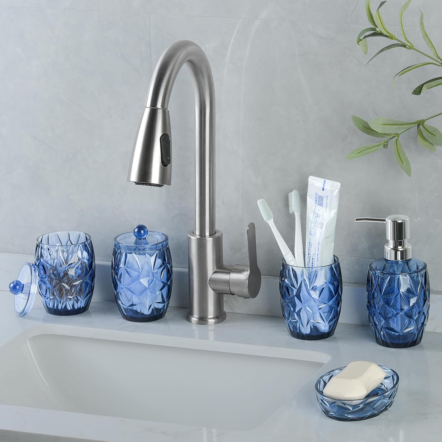 Modern Shatterproof Acrylic Cobalt Blue Bathroom Accessories Set – 5-Piece Glass-Free Vanity Set with Soap Dispenser, Toothbrush/Makeup Brush Holder, 2 Cotton Jars with Lids, and Soap Dish