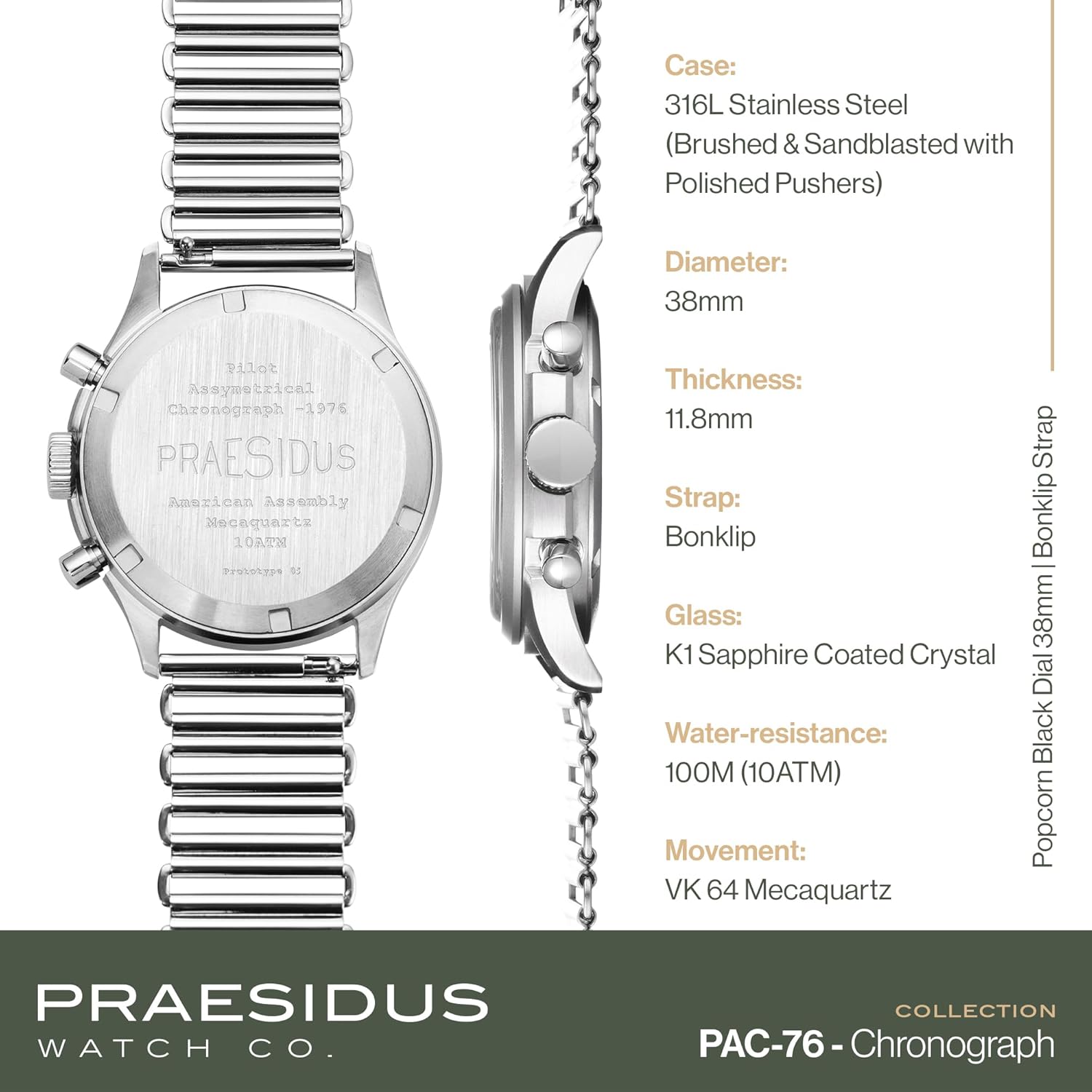 PRAESIDUS | Pilot Asymmetrical Chrono-76 - Chronograph Watch, Men's Wrist Watches - Pilot, Military - Case 38mm, Assembled in The USA | Mechanical, Gifts for Men