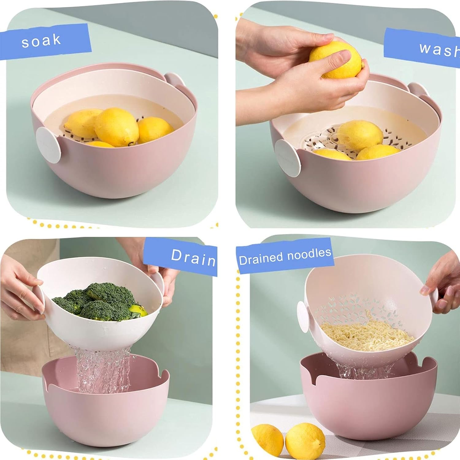 Draining Rack Plastic Drain Basket Double-Layer Rotatable Colander/Filter Bowl Fruit Tray with Handle Kitchen Sink Storage Basket Washing Vegetables and Fruits Drainage Rack(A,Medium)