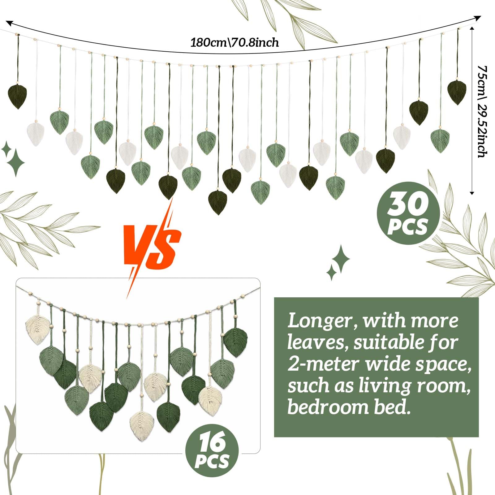 30 piezas de macramé grande para colgar en la pared, 71 x 30 pulgadas, tapiz verde bohemio para decoración del hogar con hojas bohemias ligeras para dormitorio, telón de fondo, guardería, decoración 2