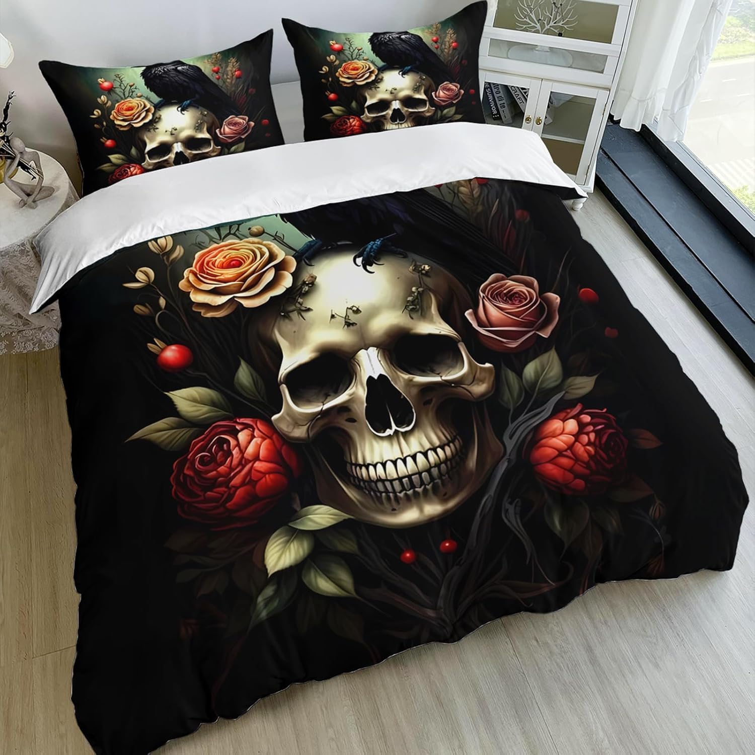 AILONEN Gothic Skull Duvet Cover Set,Black Crow Bedding Sets Twin Size,Bohemian Style Bone Skeleton Comforter Cover,3-Piece,1 Quilt Cover + 2 Pillowcase,Soft Breathable