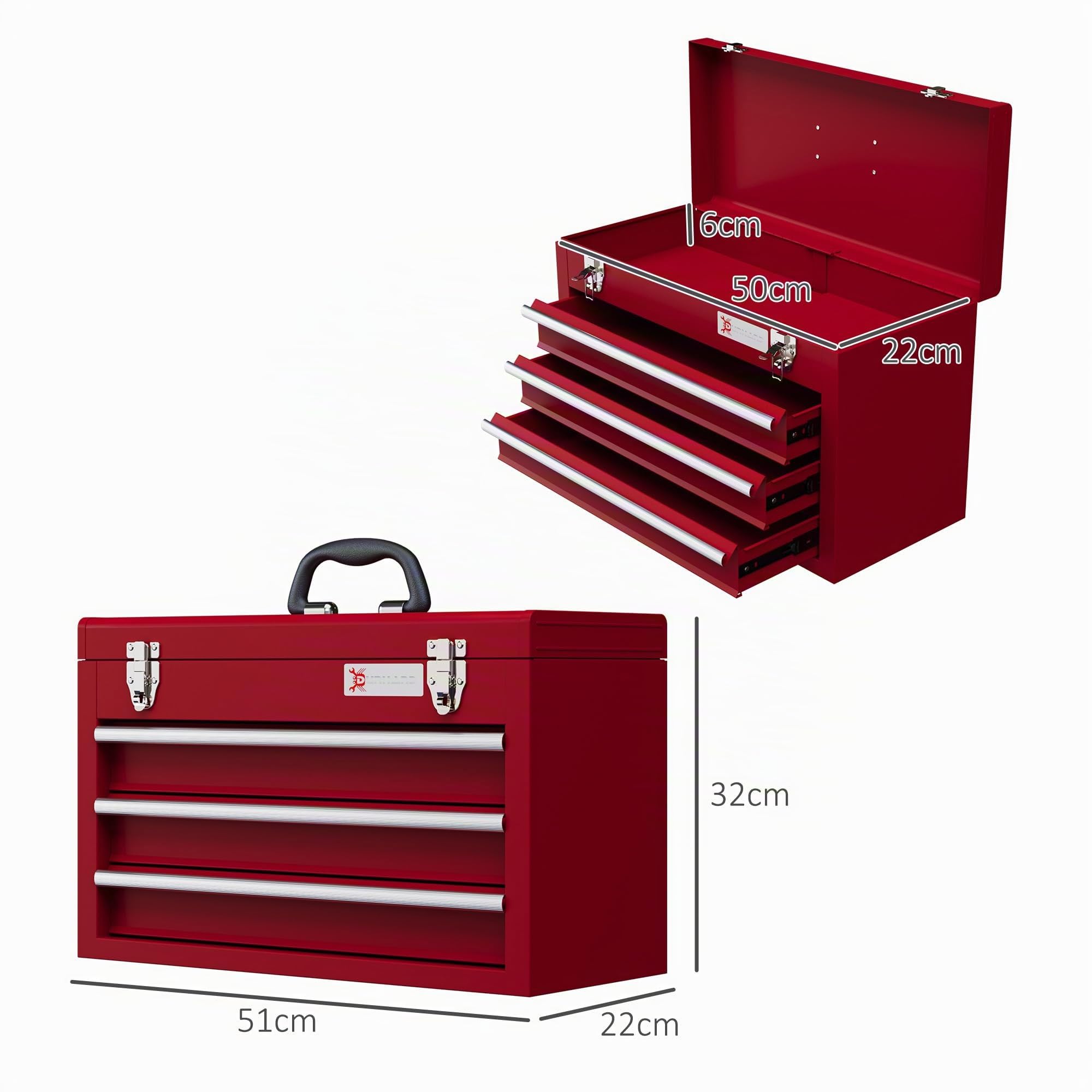 DURHAND Caja de herramientas vacía, 51 x 22 x 32 cm, caja de herramientas con 3 cajones, compartimento de almacenamiento superior, asa, caja de herramientas con 2 cerraduras, de acero, color rojo