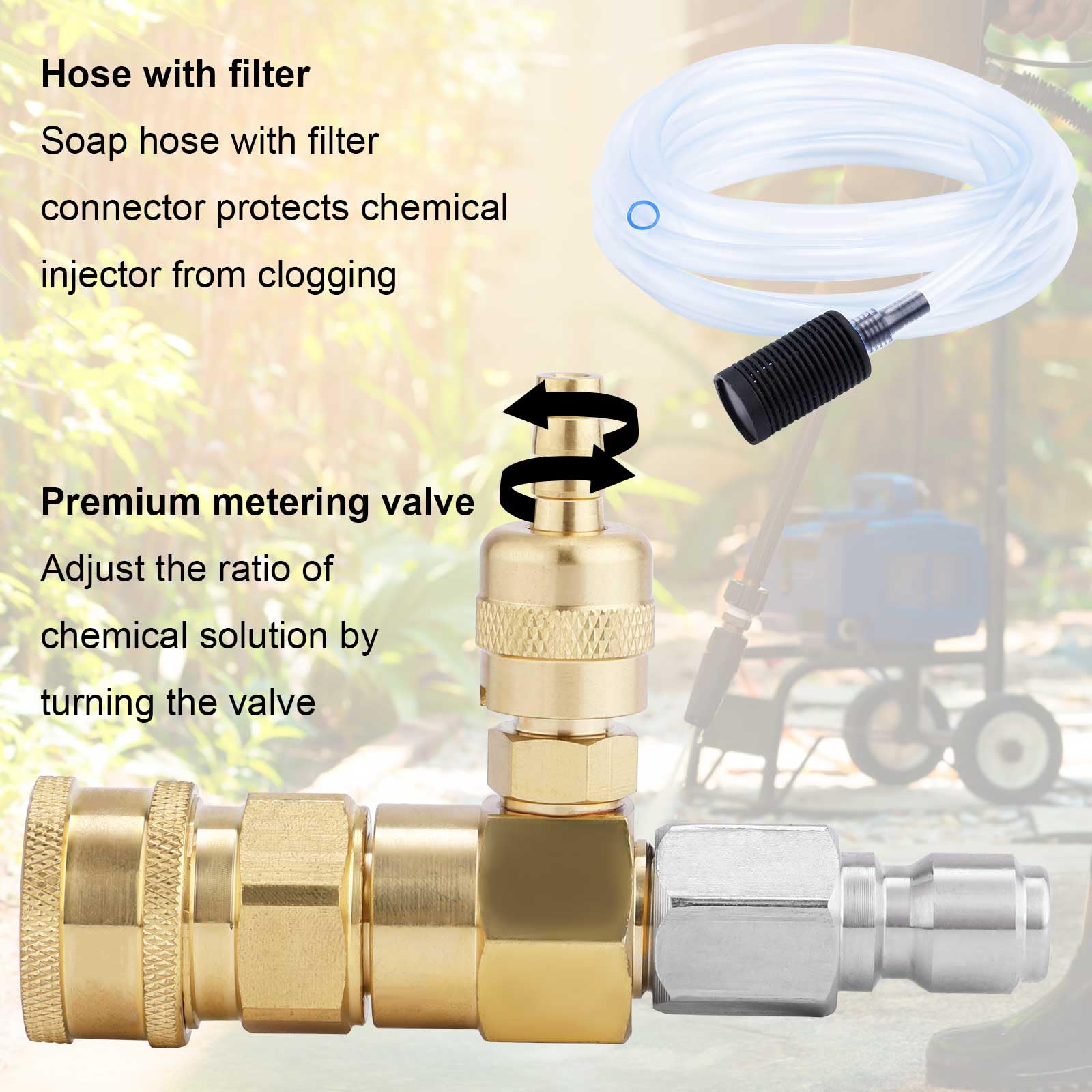 NQEUEPN Kit d'Injecteur Chimique pour Nettoyeur Haute Pression, Injecteur en aval pour Nettoyeur Haute Pression Injecteur de Savon Réglable avec Tuyau Siphon et Buse de Savon Connecteur 9,5 mm