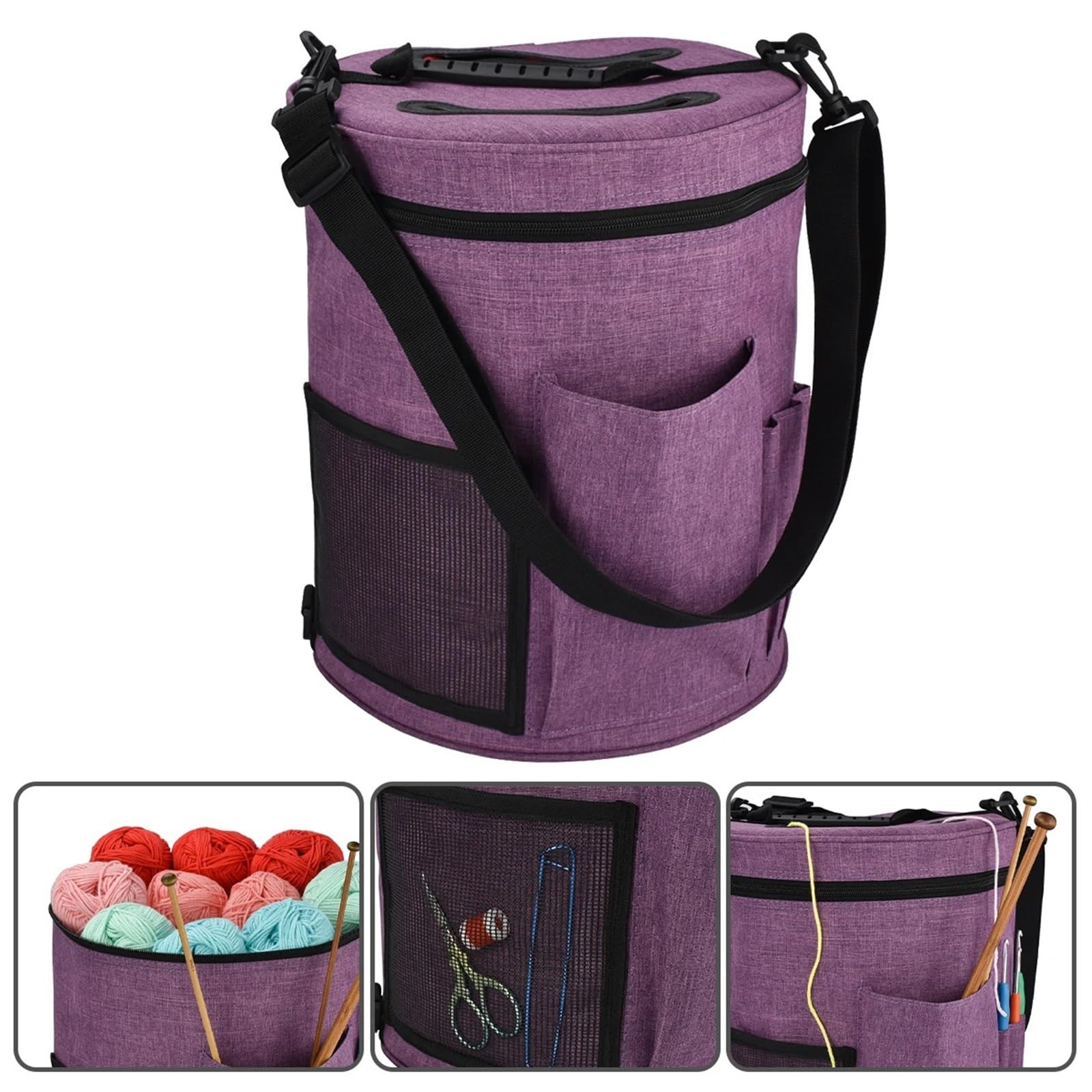 Bolsa de almacenamiento for lanas, organizador de herramientas de tejer redondas de tela Oxford con múltiples bolsillos for hilo, ganchos de ganchillo, bolso de agujas Para Hilos, Ganchillos(Purple)