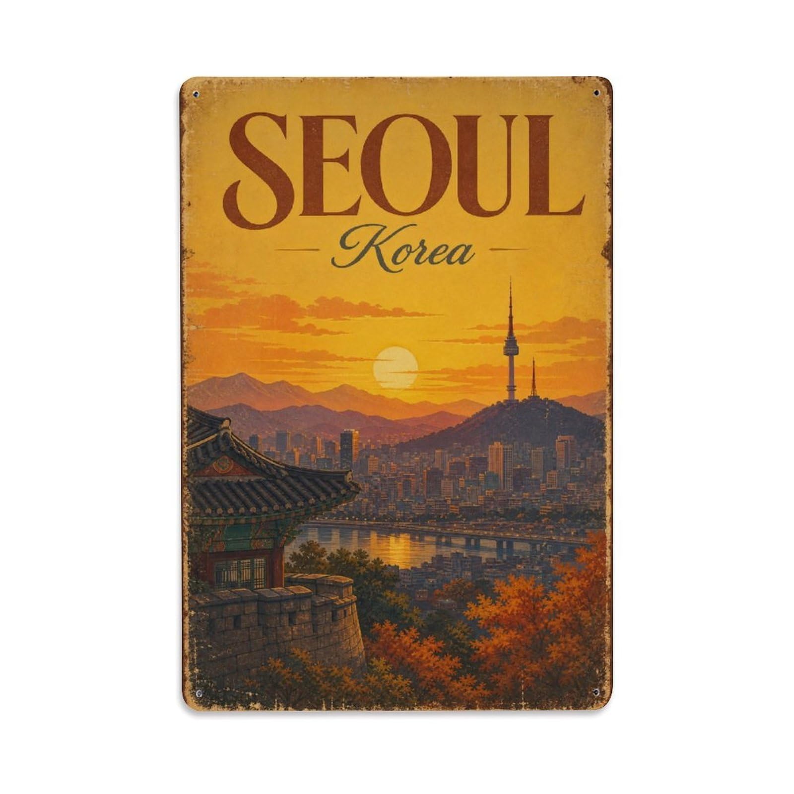 Seoul South Korea Sunset Palace Landmark Classic Travel Metal Tin Sign