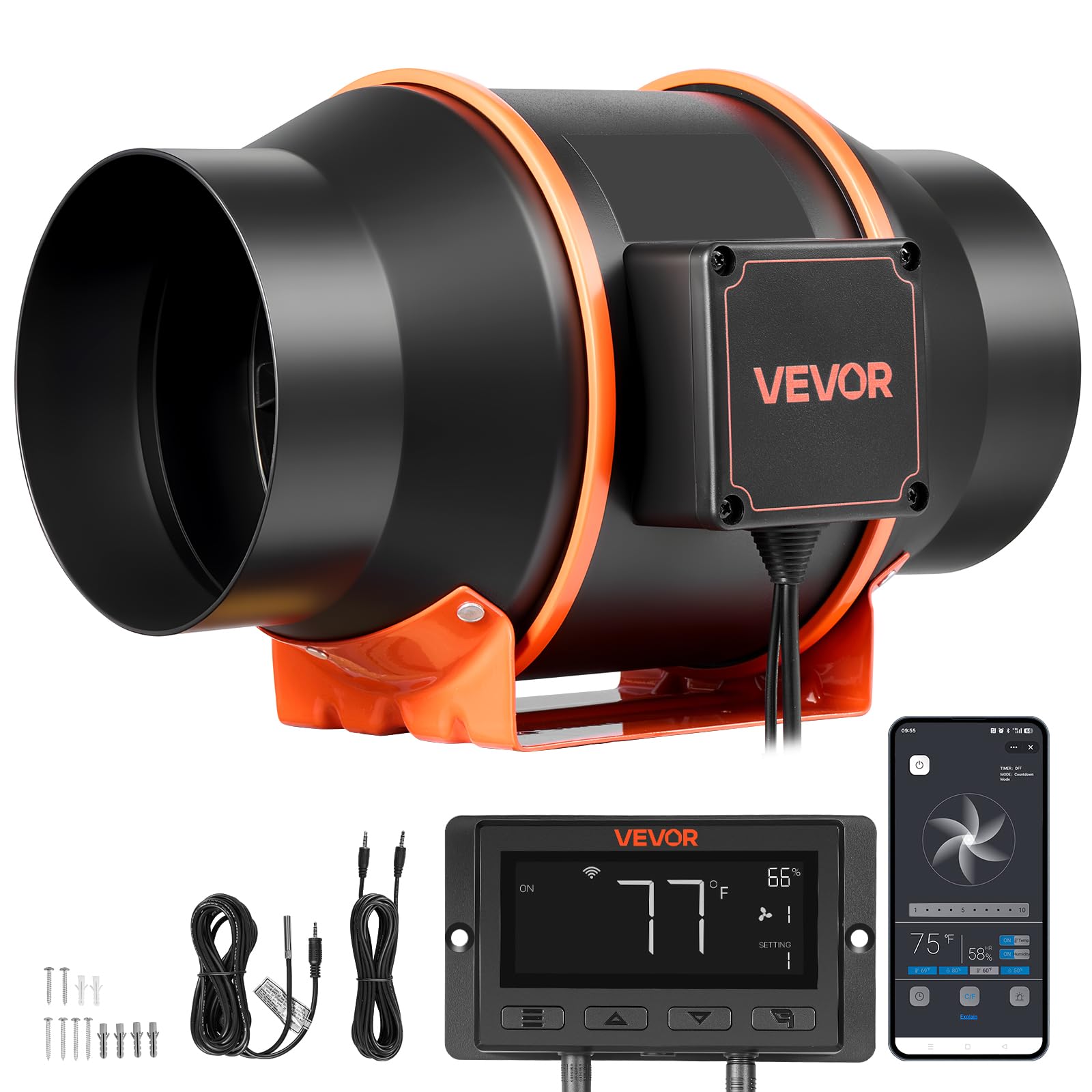 VEVOR Ventilador de Conducto en Línea 3000 RPM, Extractor de Ruido Reducido con Motor EC, 683 m³/h, Controlador PWM y App, 10 Velocidades, Sensor de Temperatura y Humedad, para Armarios de Cultivo