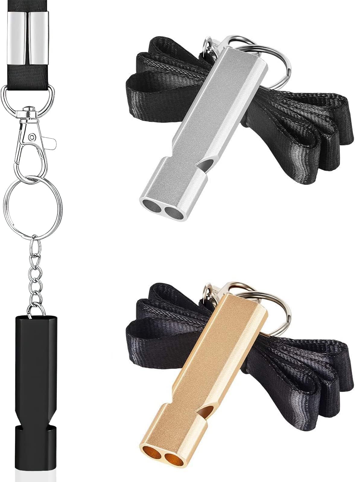 Outdoor Survival Whistle, 3 Pieces Stainless Steel Double Tube Outdoor Whistles with Lanyards for Training Animals and Camping Marching Hiking Emergency Situations, Sports Referees