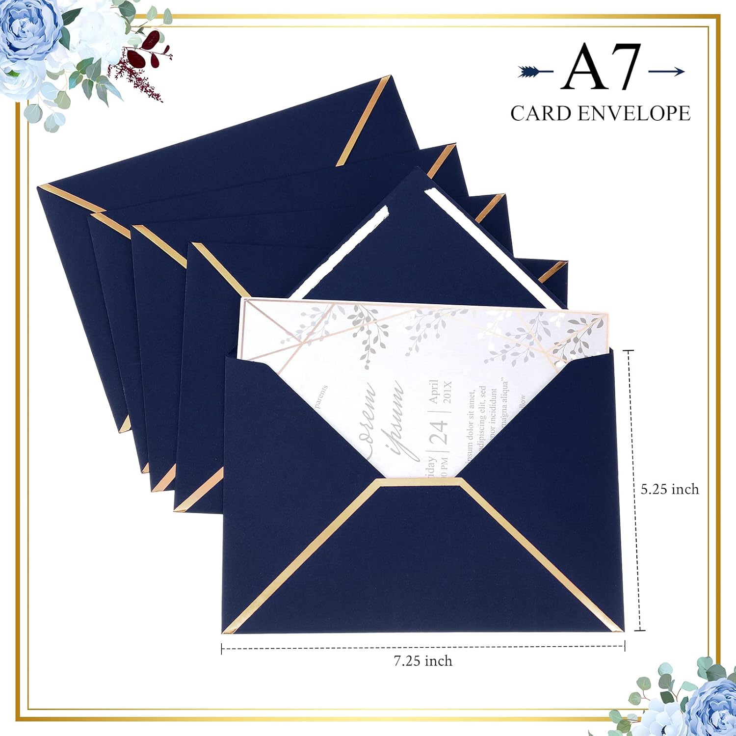 Epakh 100 Pack A7 Envelopes with Gold Border 5 x 7 Envelopes for Invitations V Flap Self Adhesive Thick Mailing for Office Wedding Greeting Cards Birthday Bridal Shower Graduation Parties(Dark Blue)