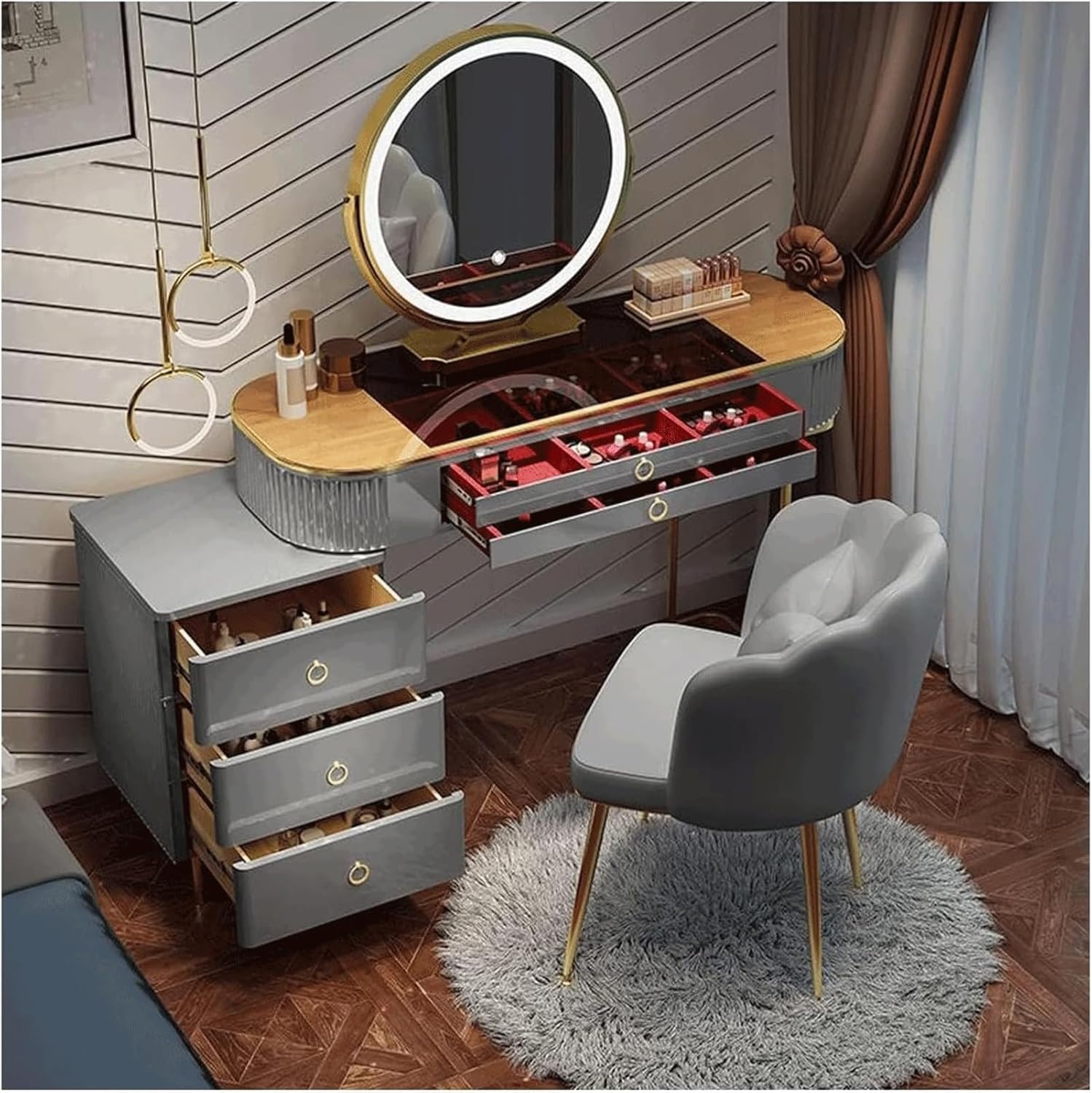 Amazon.com: Rieort Makeup Table Retractable Side Cabinet Dressing Table with Led Lighted Mirror ...