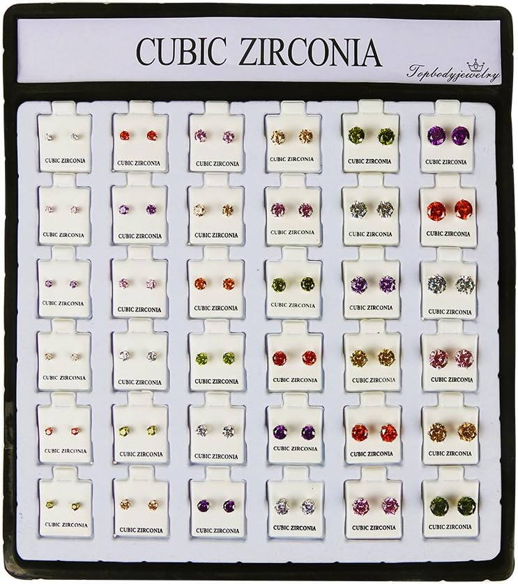 Topbodyjewelry Stud Earrings Set Cubic Zirconia Earrings 36 Pairs 6 Colors 6 Size (3mm-8mm)