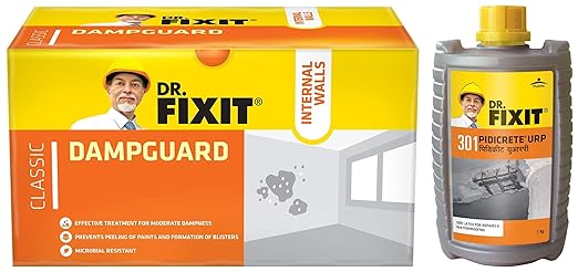 DR. FIXIT Dampguard Classic Damp-Proof Coating For Internal Walls and RCC Water Tanks - 1Kg & Dr.Fixit 301 SBR Latex Pidicrete URP, SBR Latex For Waterproofing & Repairs - 1Kg (Grey)