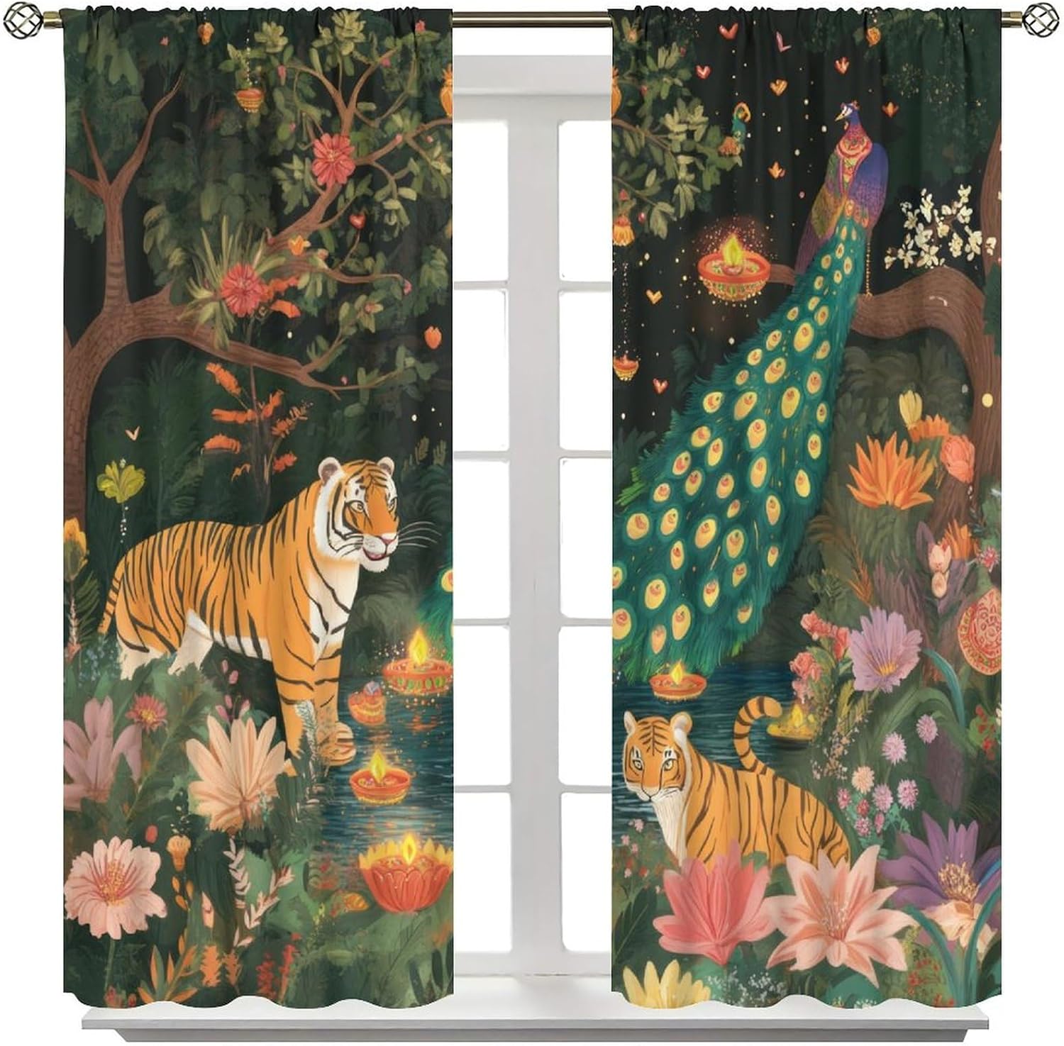 Tiger Curtains, Cartoon Tiger Colorful Peacock Pattern Window Treatments, Rod Pocket Thermal Insulated Drapes 2 Panel Sets for Bedroom Living Room Kitchen, 42" W x 45" L【Decor】
