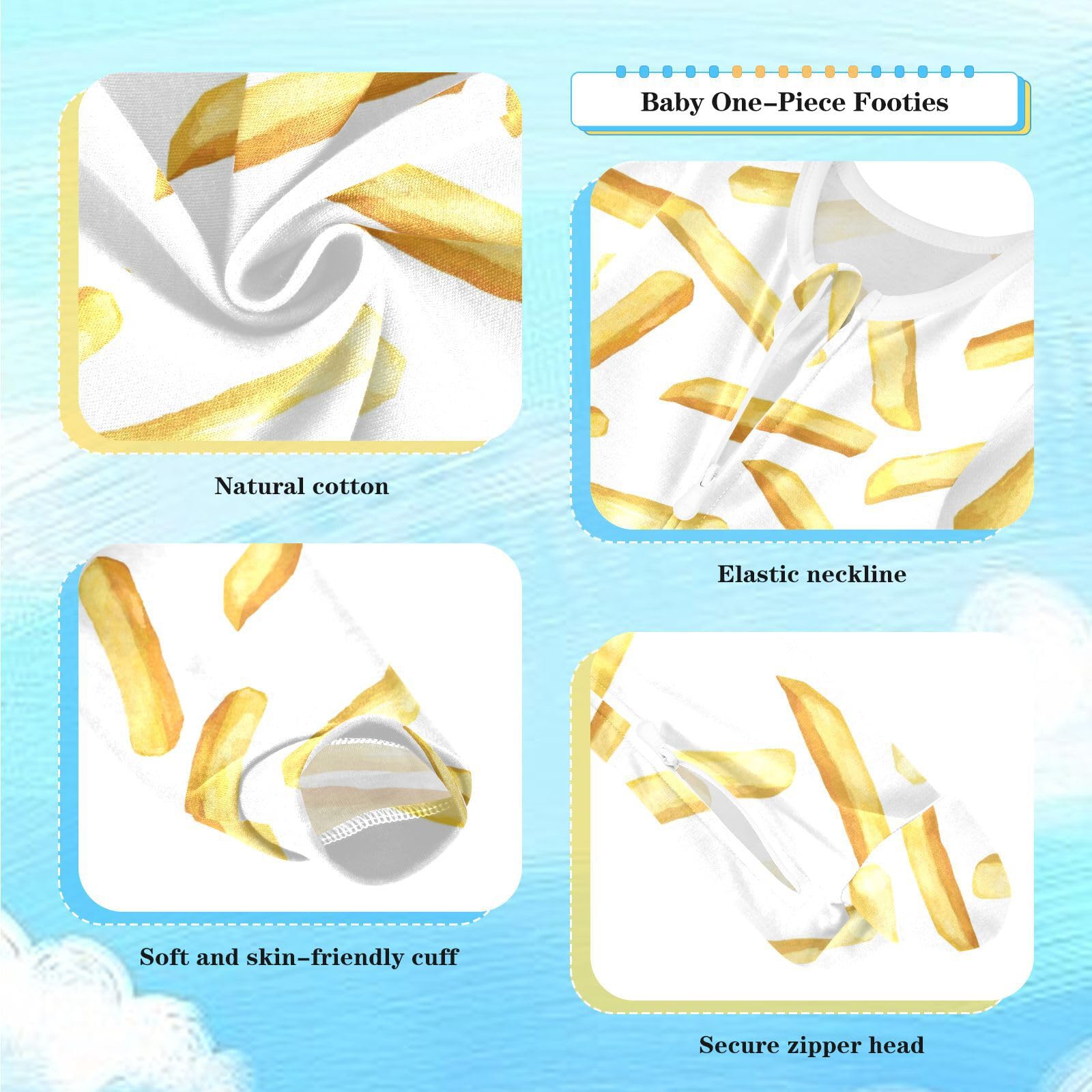 Dussdil French Fries Roasted Potato Chips Baby One-Piece Footies Newborn Rompers Pajamas Cotton Footed Pjs for Sleep Play Boys Girls 6M