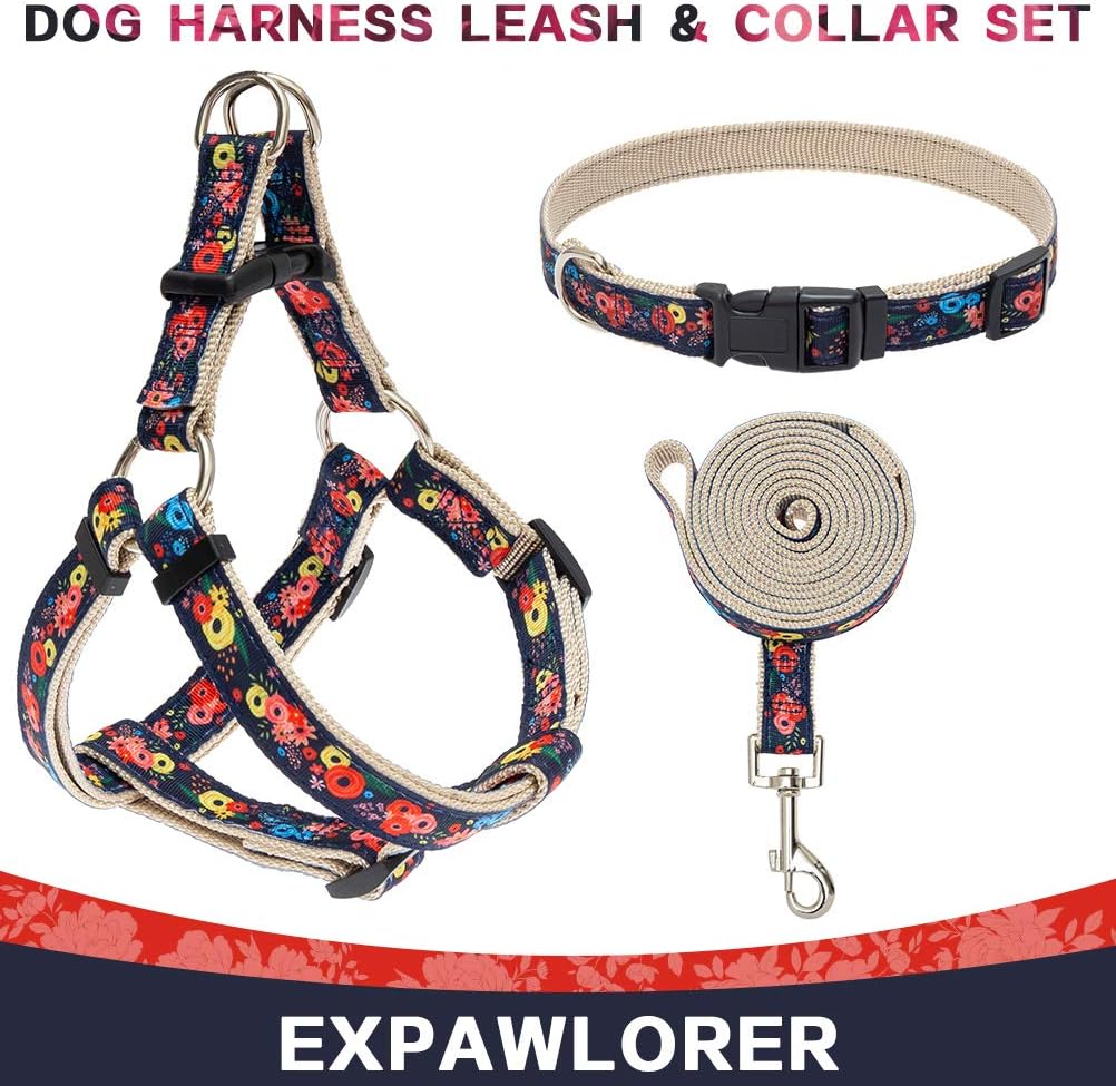 Small Dog Harness and Leash Set with Collar - Heavy Duty & Adjustable Basic Harness No Pull for Small Medium Dogs Flower Pattern