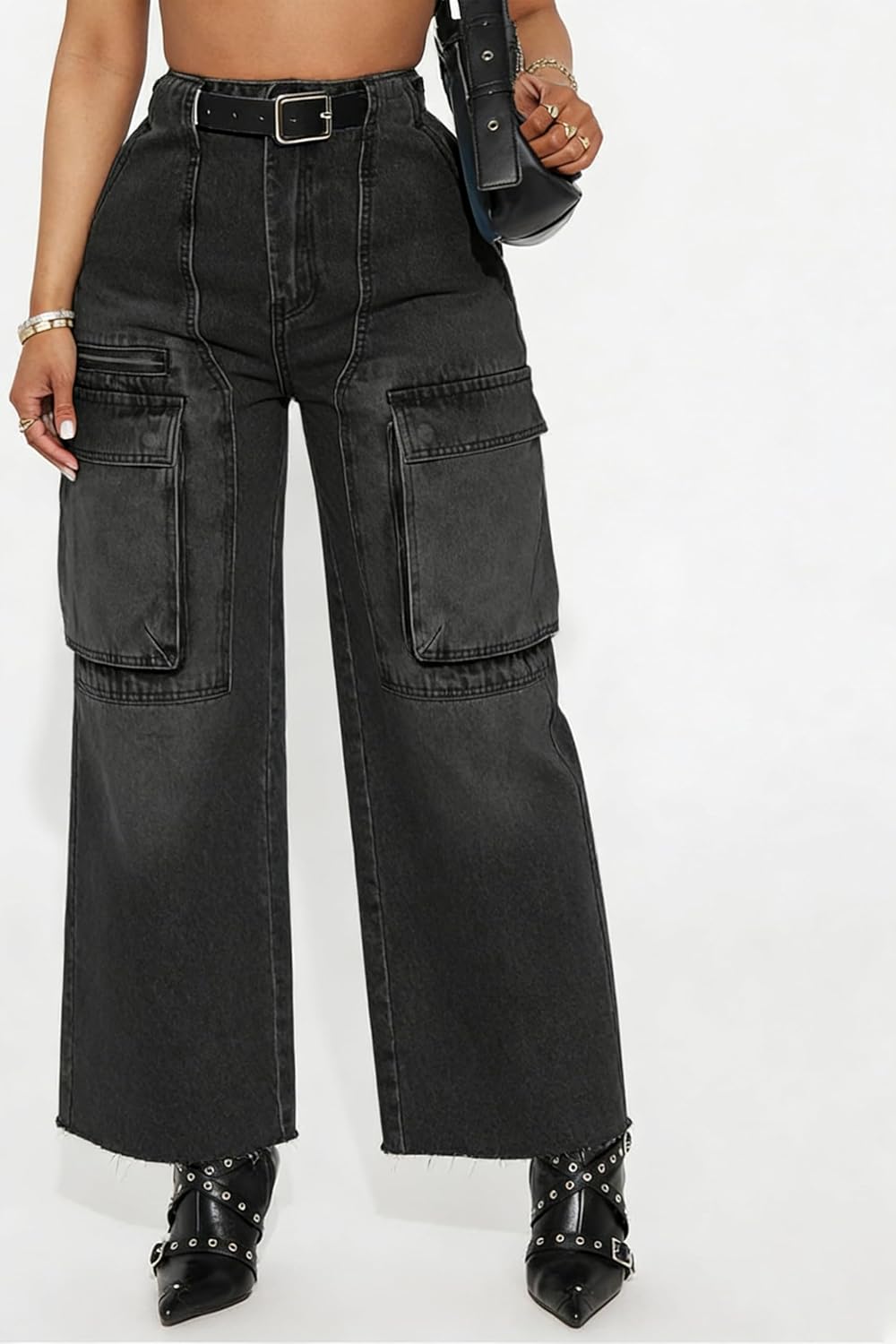 Cargo Jeans for Women High Waisted Baggy Wide Leg Casual Loose Stretchy Streetwear Denim Pants with 6 Pockets Trendy